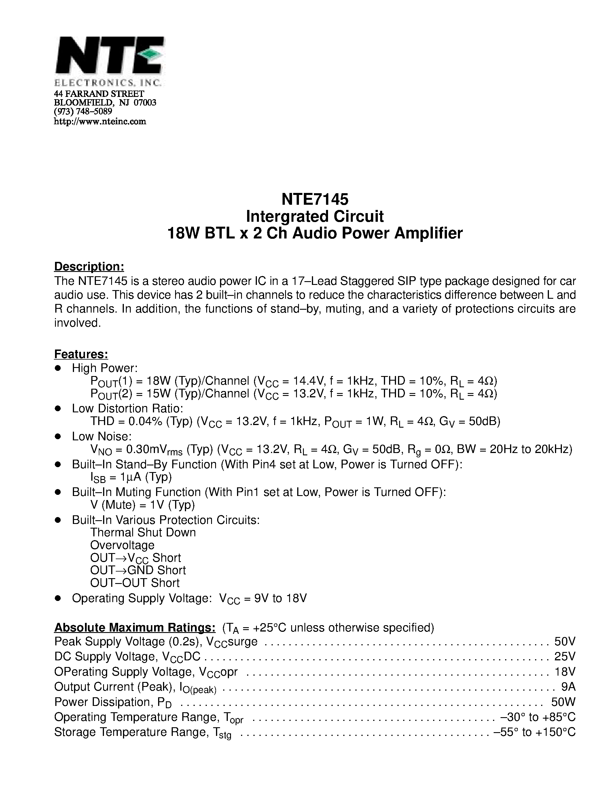 Даташит NTE7145 - Intergrated Circuit 18W BTL x 2 Ch Audio Power Amplifier страница 1