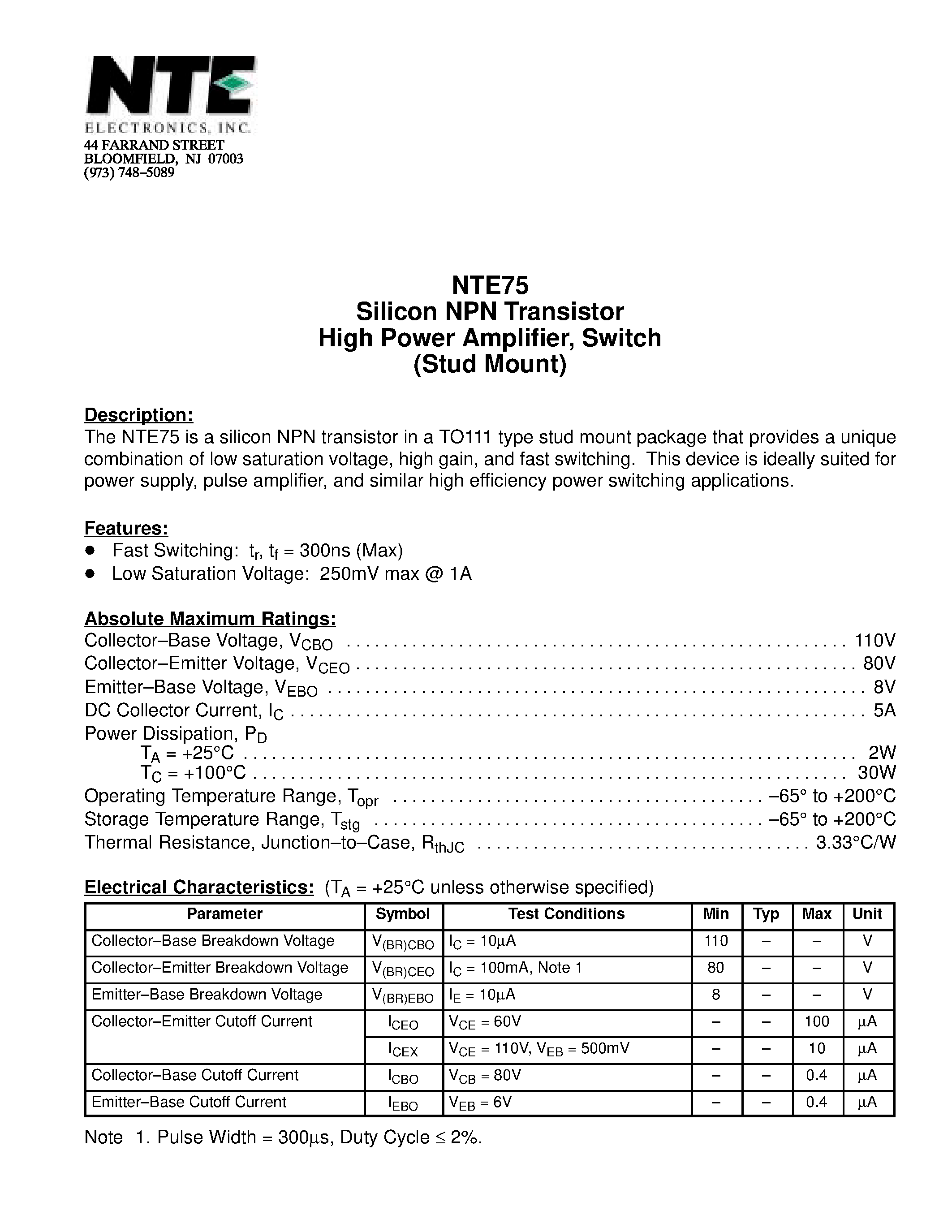 Даташит NTE75 - Silicon NPN Transistor High Power Amplifier / Switch (Stud Mount) страница 1