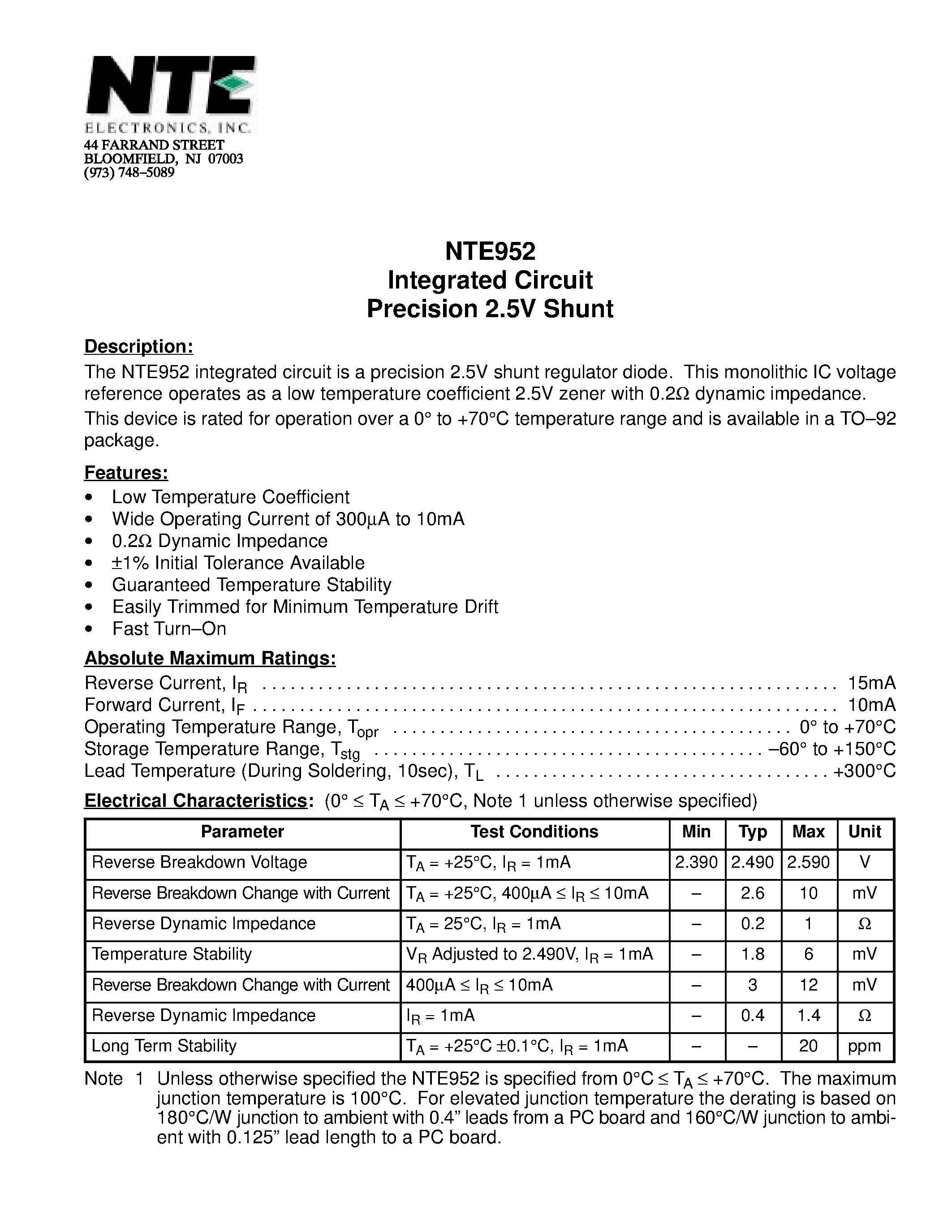 Даташит NTE952 - Integrated Circuit Precision 2.5V Shunt страница 1