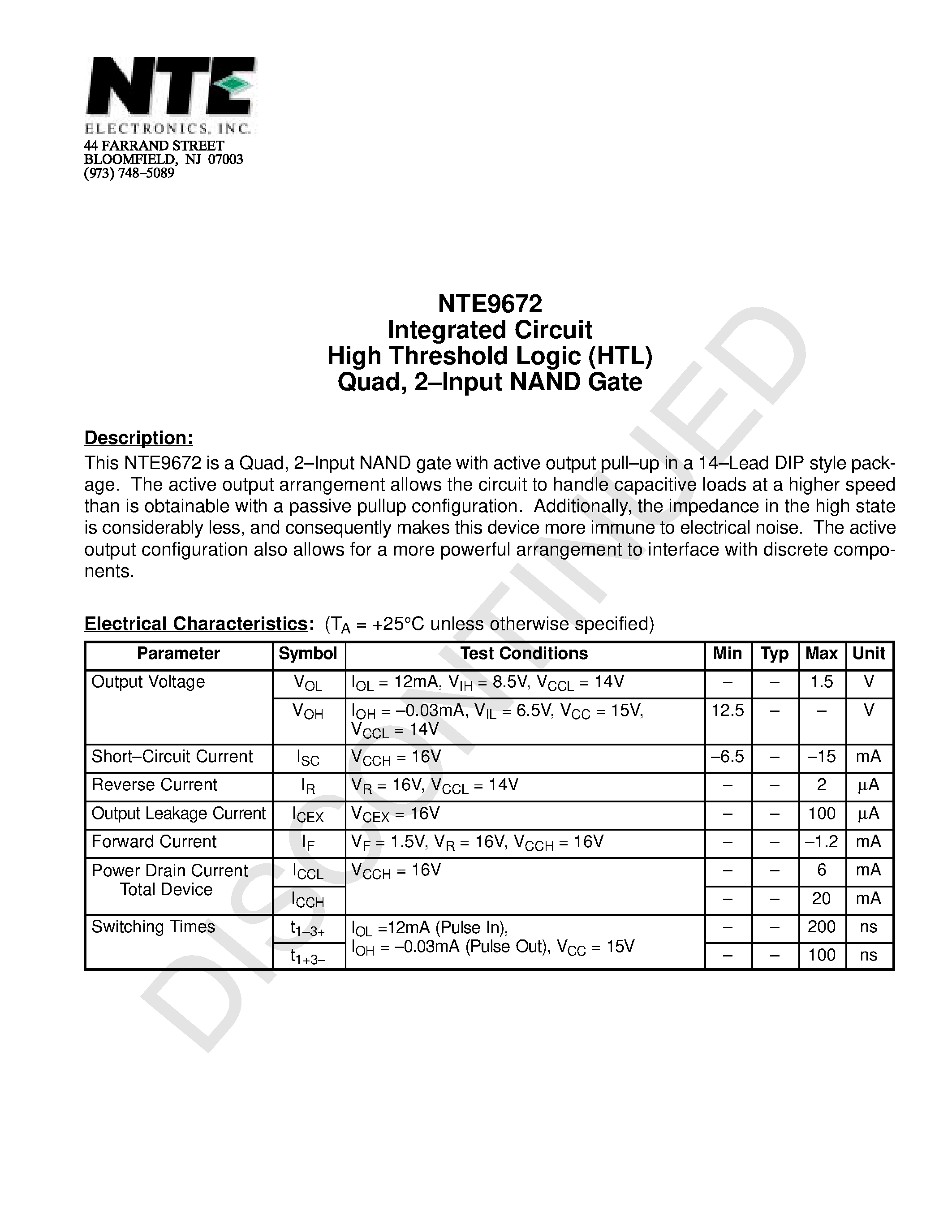 Даташит NTE9672 - Integrated Circuit High Threshold Logic (HTL) Quad / 2-Input NAND Gate страница 1