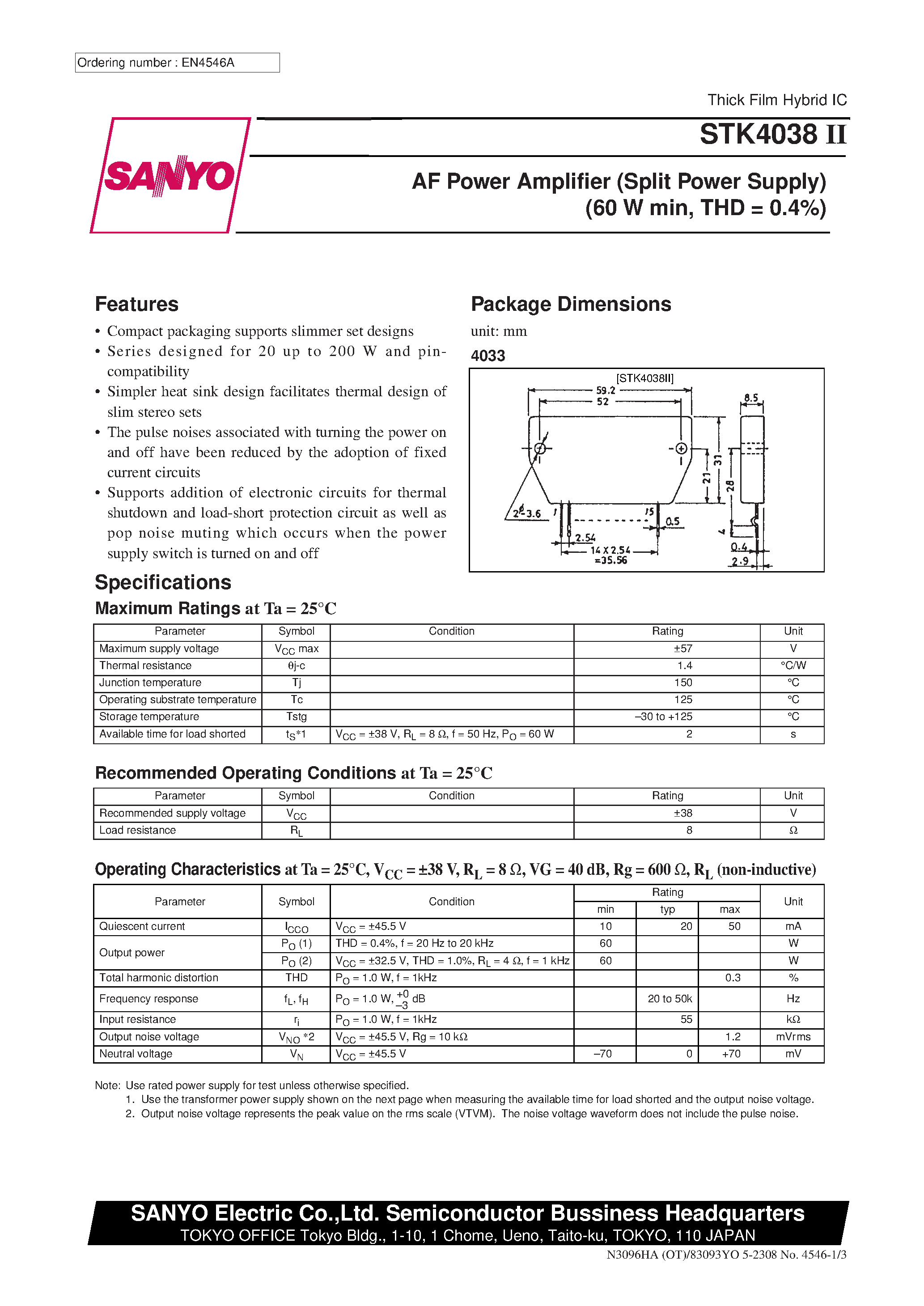 Datasheet STK4038II - AF Power Amplifier (Split Power Supply) (60 W min / THD = 0.008%) page 1