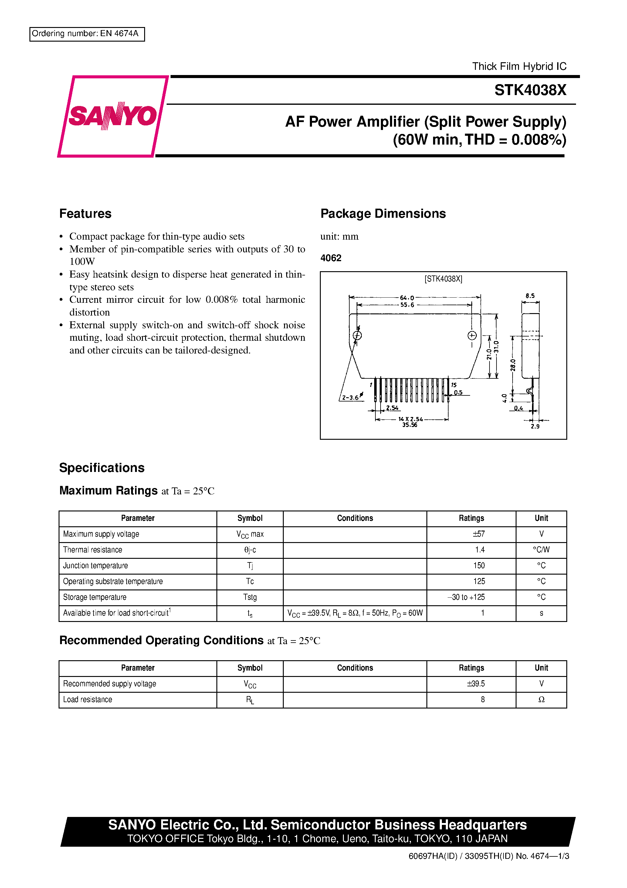 Datasheet STK4038X - AF Power Amplifier (Split Power Supply) (60 W min / THD = 0.008%) page 1