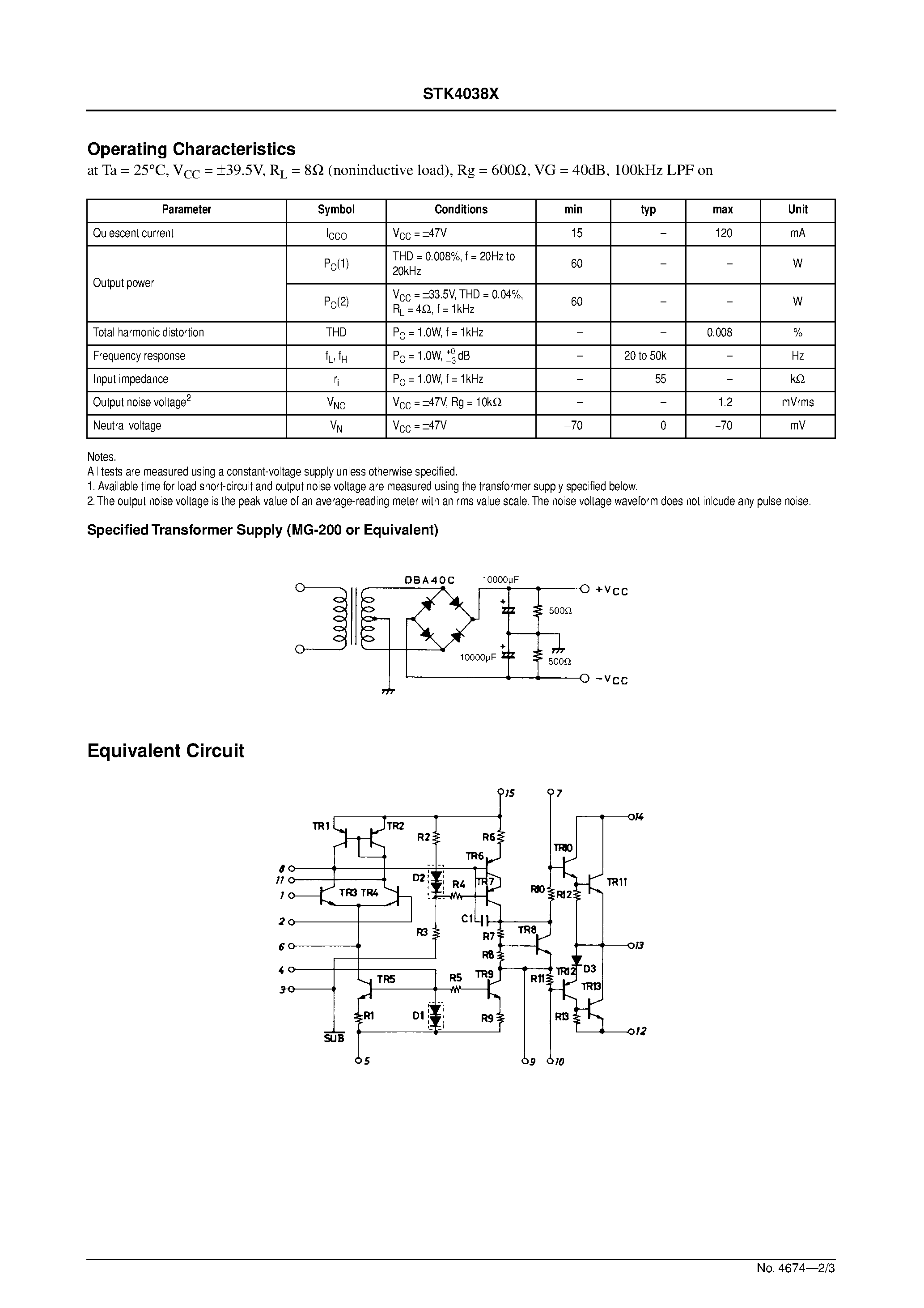 Datasheet STK4038X - AF Power Amplifier (Split Power Supply) (60 W min / THD = 0.008%) page 2