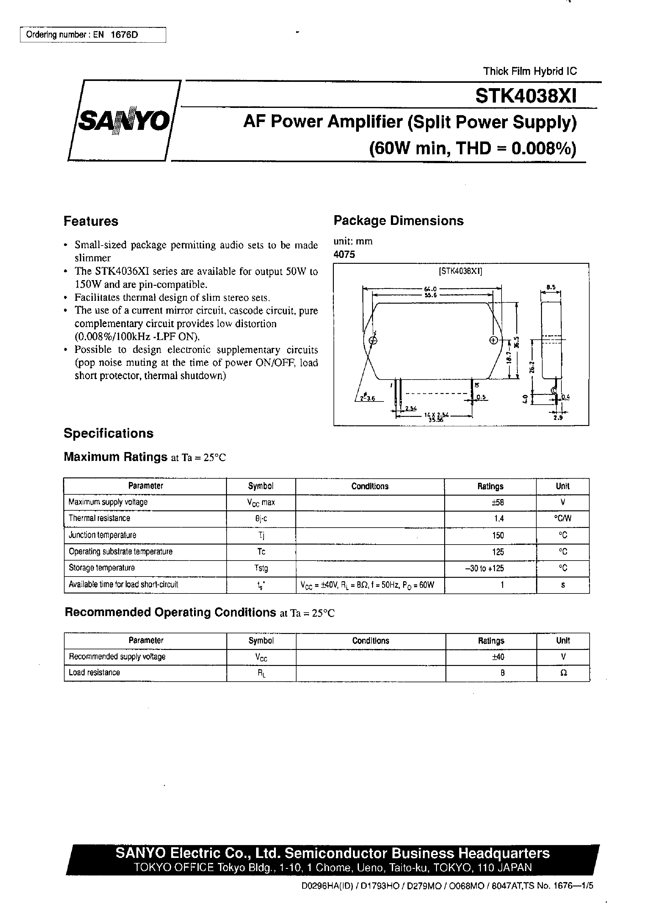 Datasheet STK4038XI - AF Power Amplifier (Split Power Supply) (60 W min / THD = 0.008%) page 1