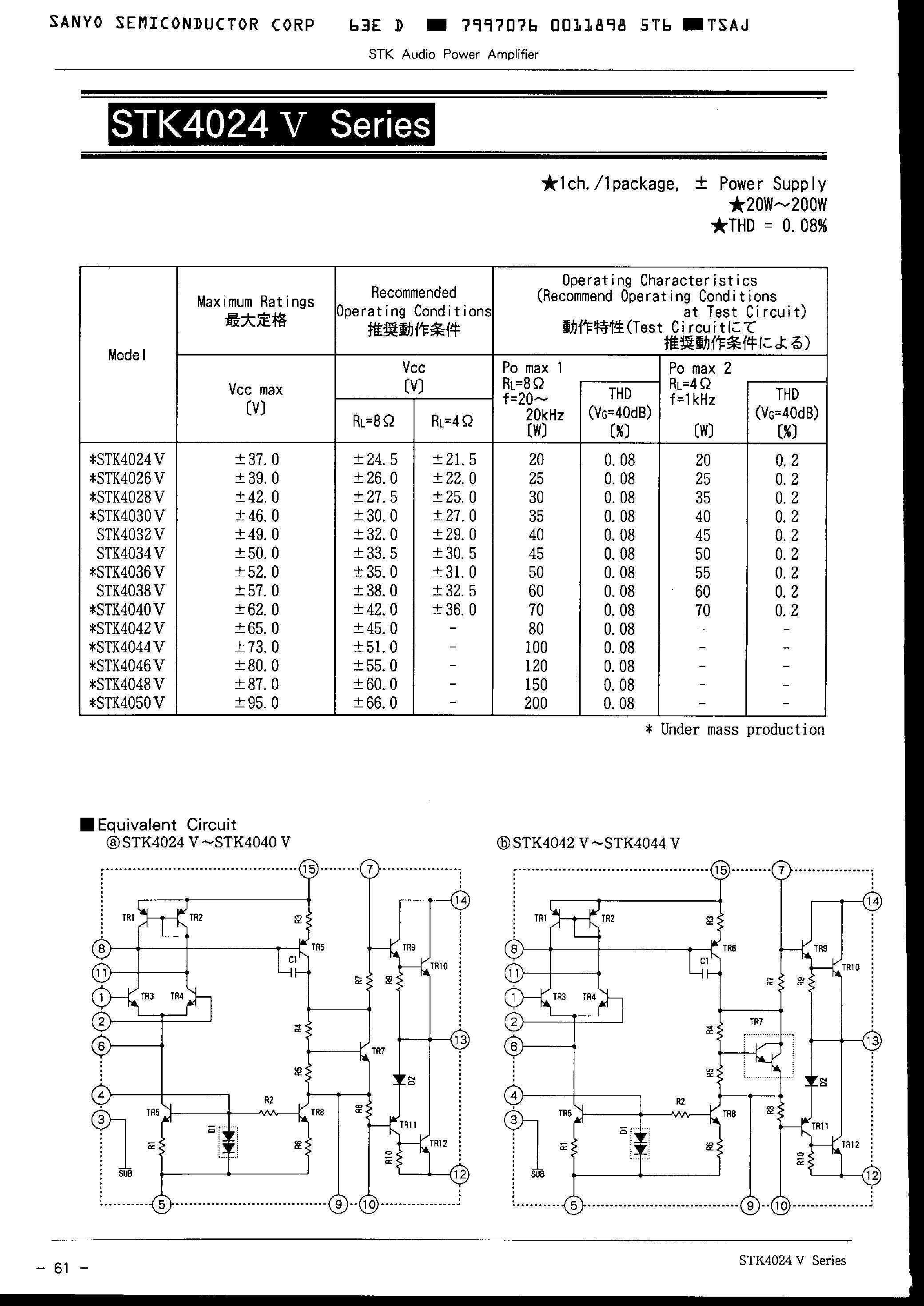 Datasheet STK4038V - AF Power Amplifier (Split Power Supply) (60 W min / THD = 0.008%) page 1