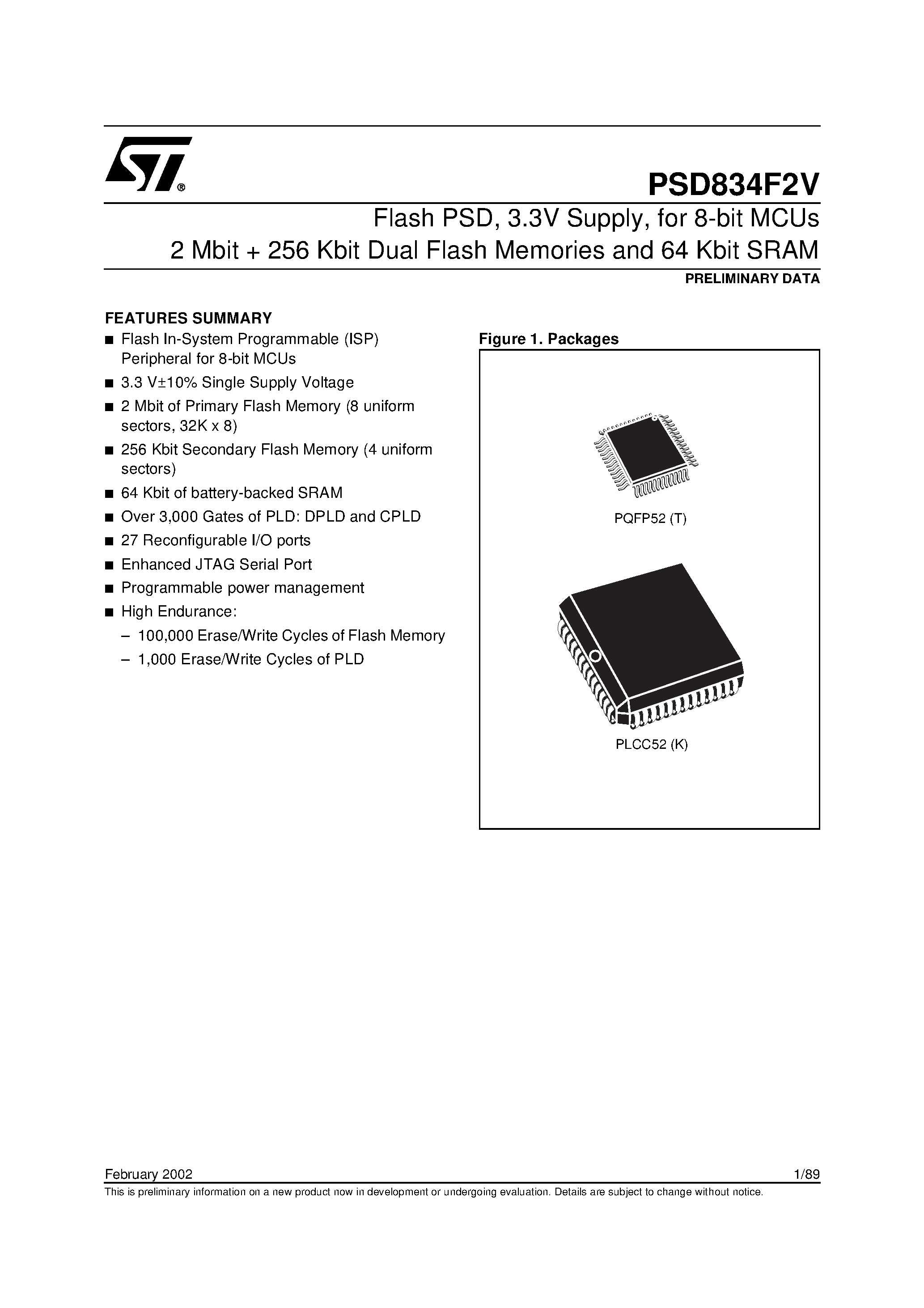 Даташит PSD834210JT - Flash PSD / 3.3V Supply / for 8-bit MCUs 2 Mbit 256 Kbit Dual Flash Memories and 64 Kbit SRAM страница 1