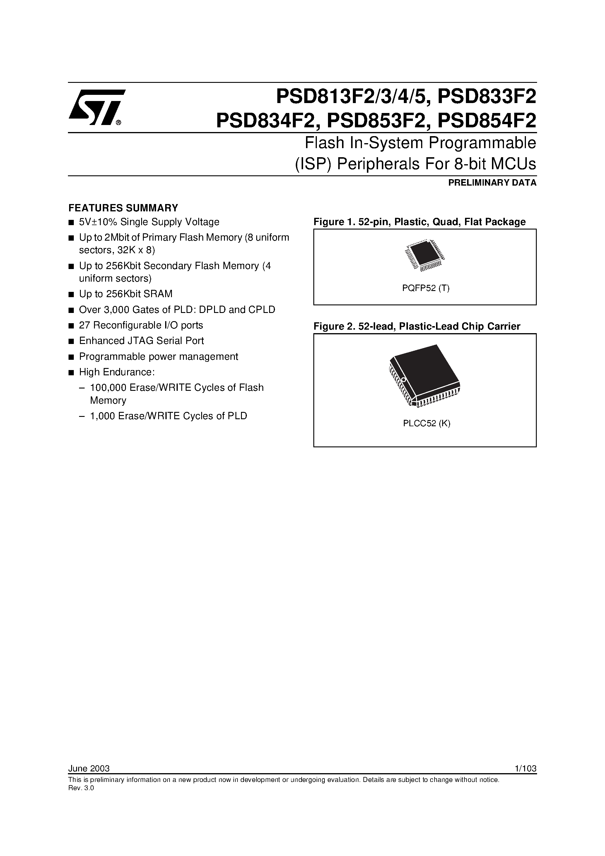 Даташит PSD834215JT - Flash PSD / 3.3V Supply / for 8-bit MCUs 2 Mbit 256 Kbit Dual Flash Memories and 64 Kbit SRAM страница 1