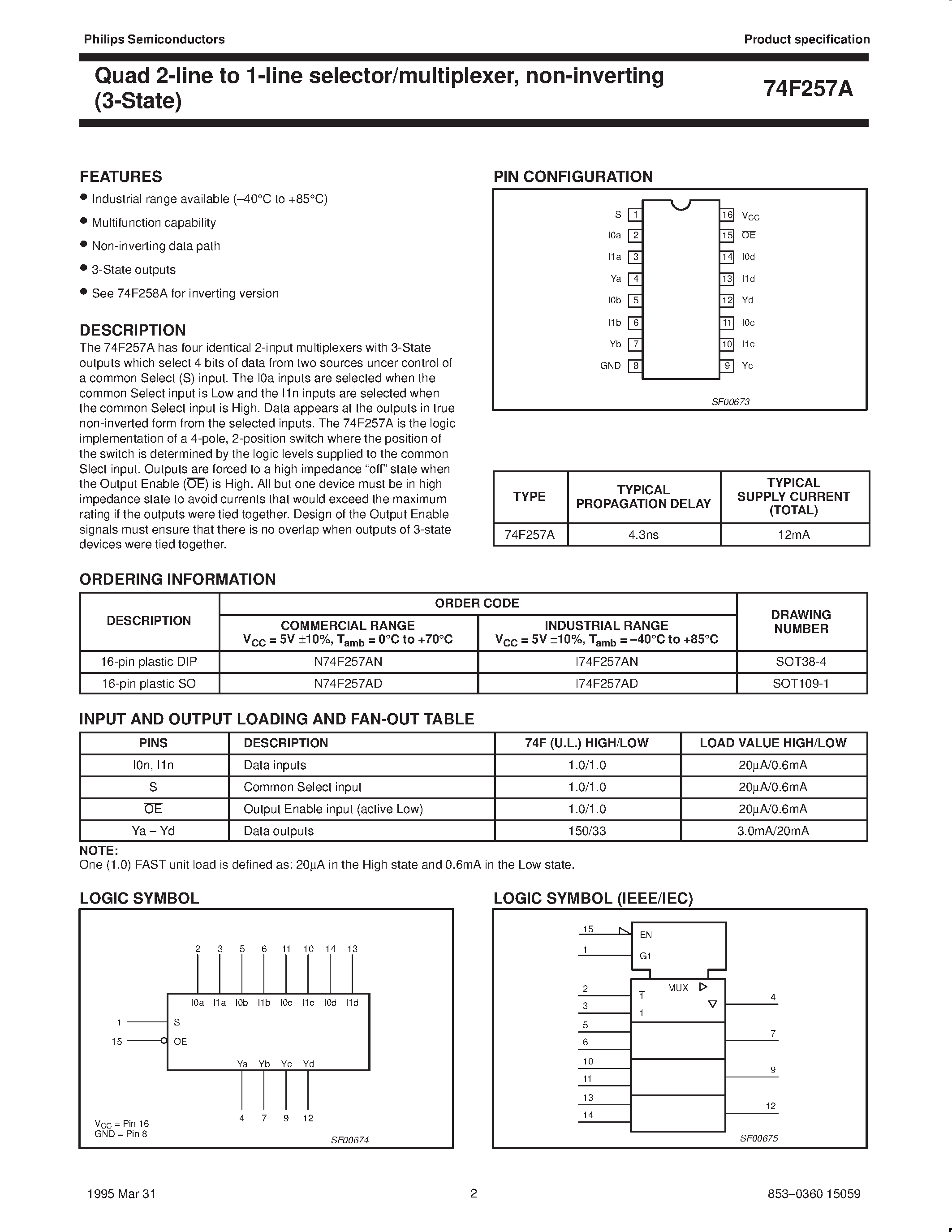 Даташит N74F257AD - Quad 2-line to 1-line selector/multiplexer / non-inverting 3-State страница 2