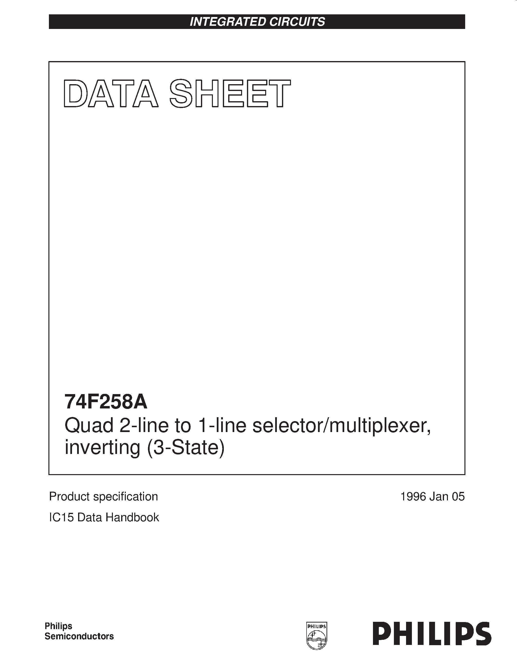 Даташит N74F258AD - Quad 2-line to 1-line selector/multiplexer / inverting 3-State страница 1