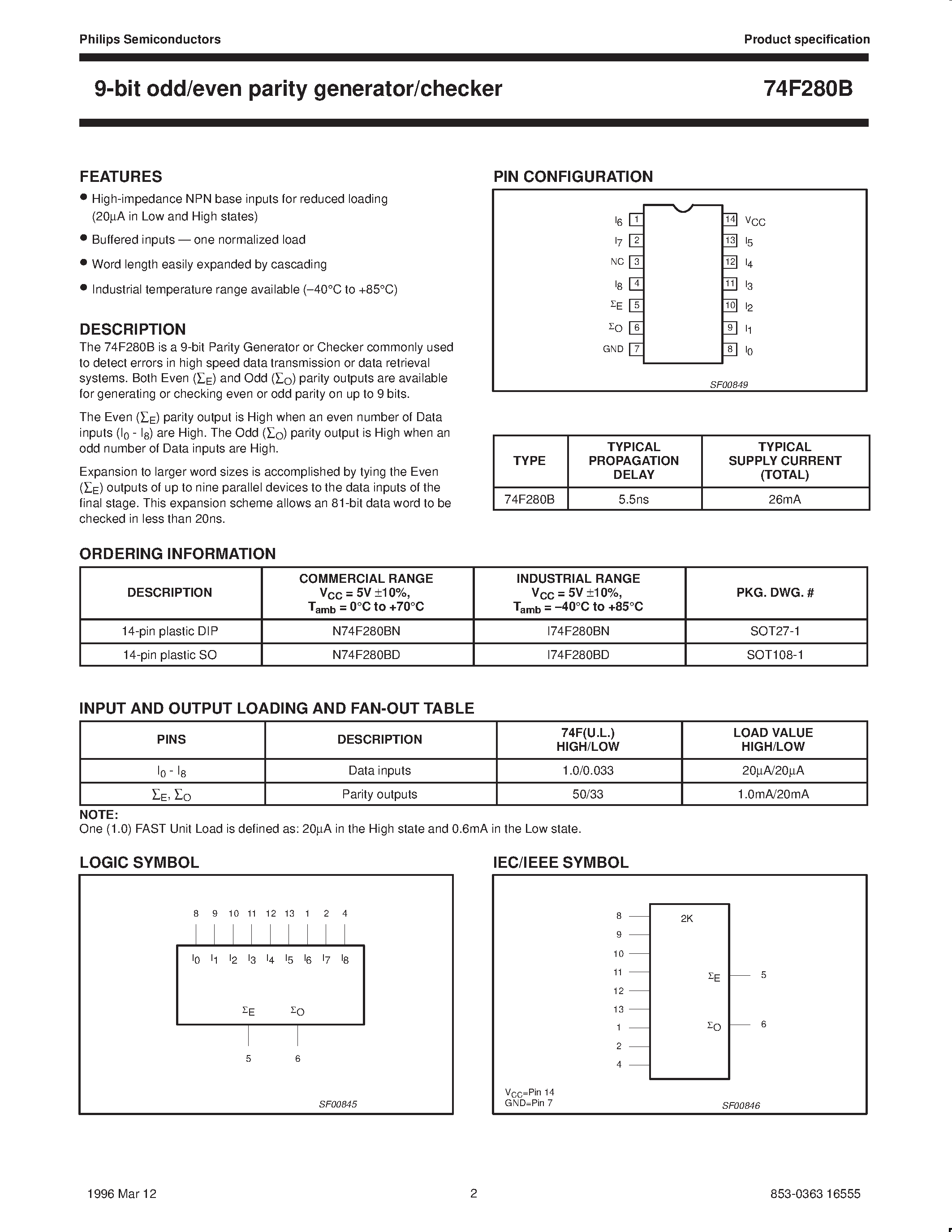 Даташит N74F280BD - 9-bit odd/even parity generator/checker страница 2