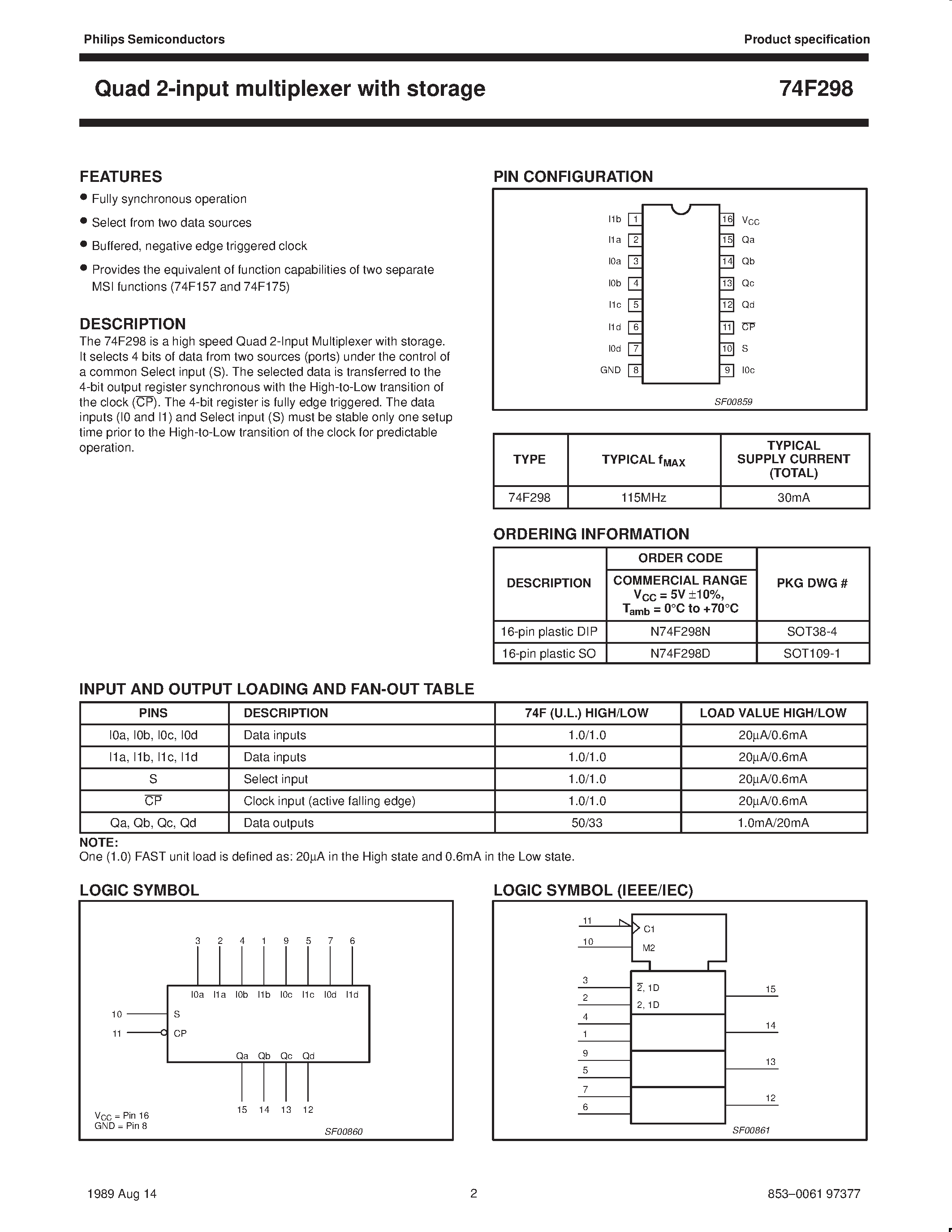 Даташит N74F298D - Quad 2-input multiplexer with storage страница 2