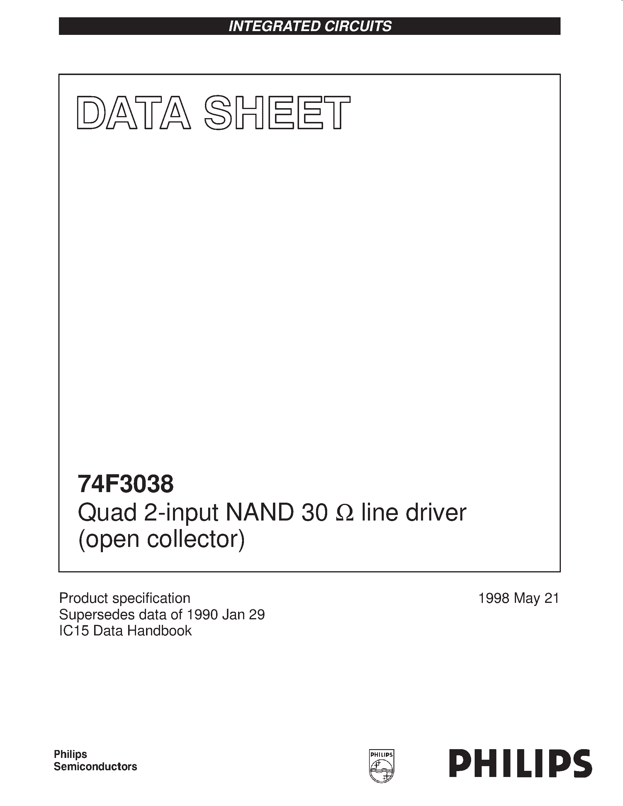 Даташит N74F3038D - Quad 2-input NAND 30 ohm line driver open collector страница 1