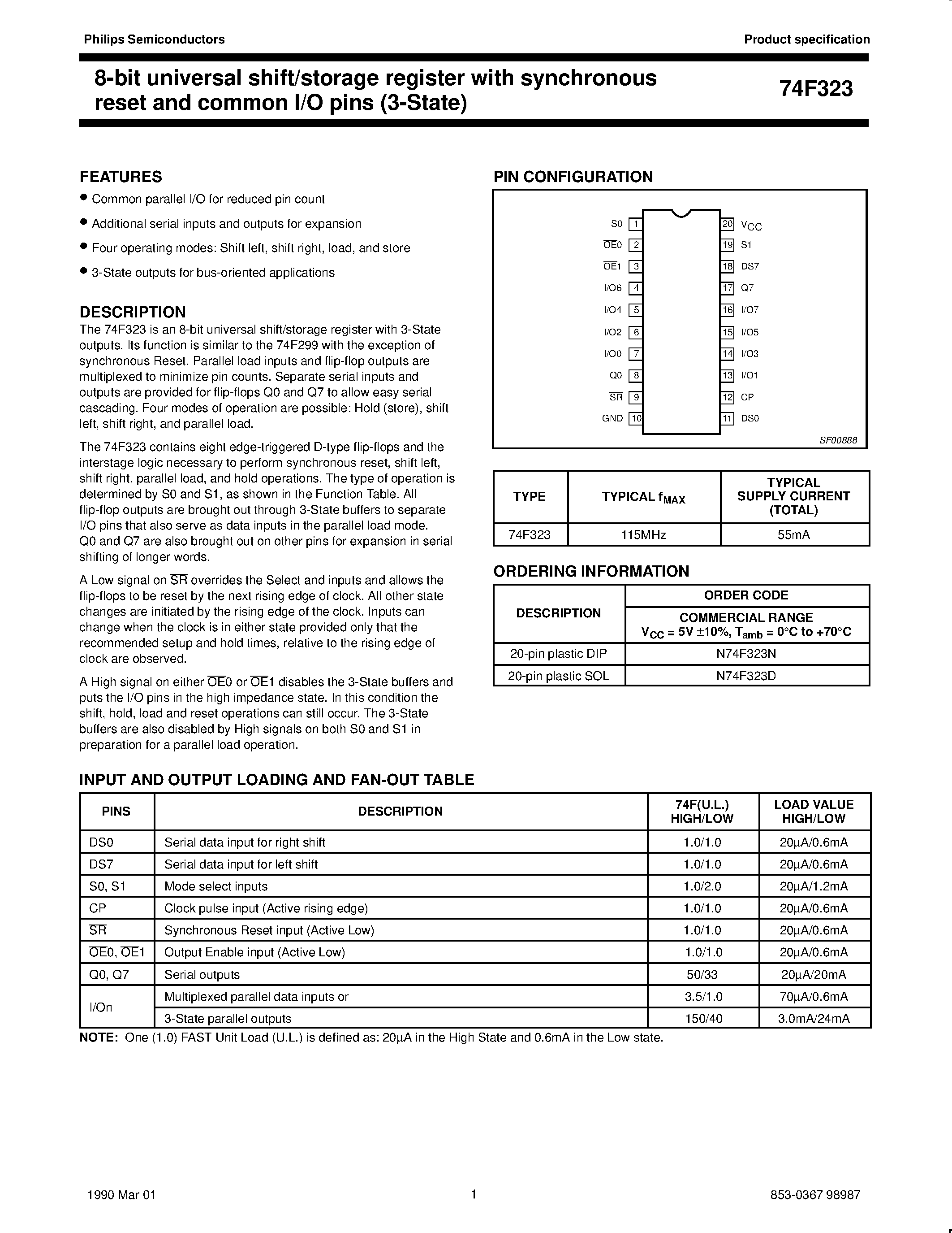 Datasheet N74F323D - 8-bit universal shift/storage register with synchronous reset and common I/O pins 3-State page 1