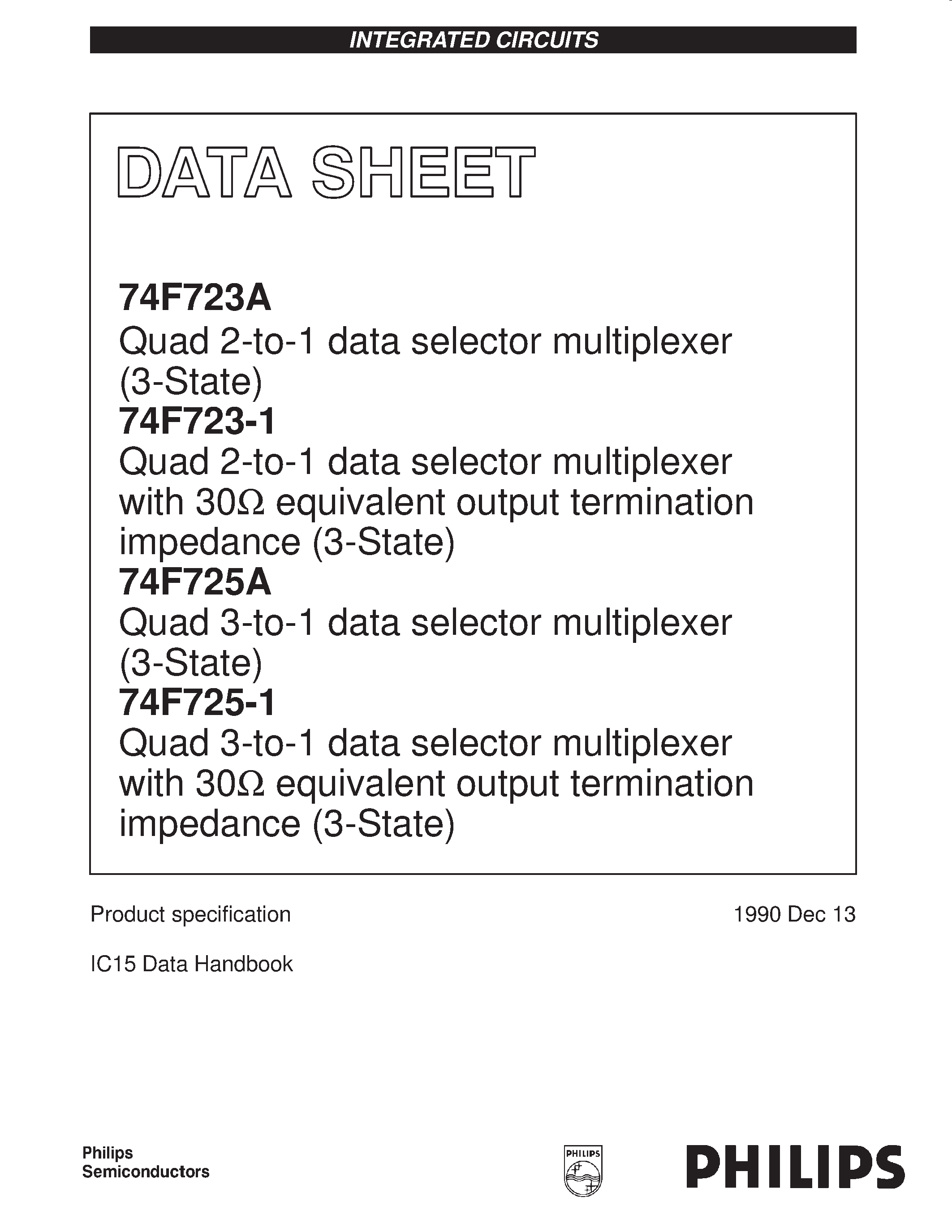 Даташит N74F723-1D - Quad 2-to-1 data selector multiplexer 3-State страница 1