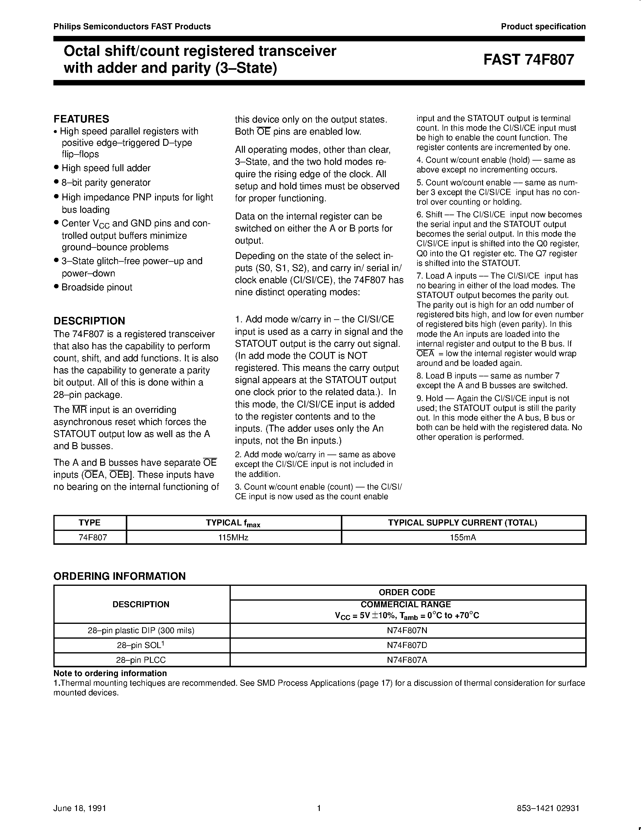 Даташит N74F807A - Octal shift/count registered transceiver with adder and parity 3.State страница 1