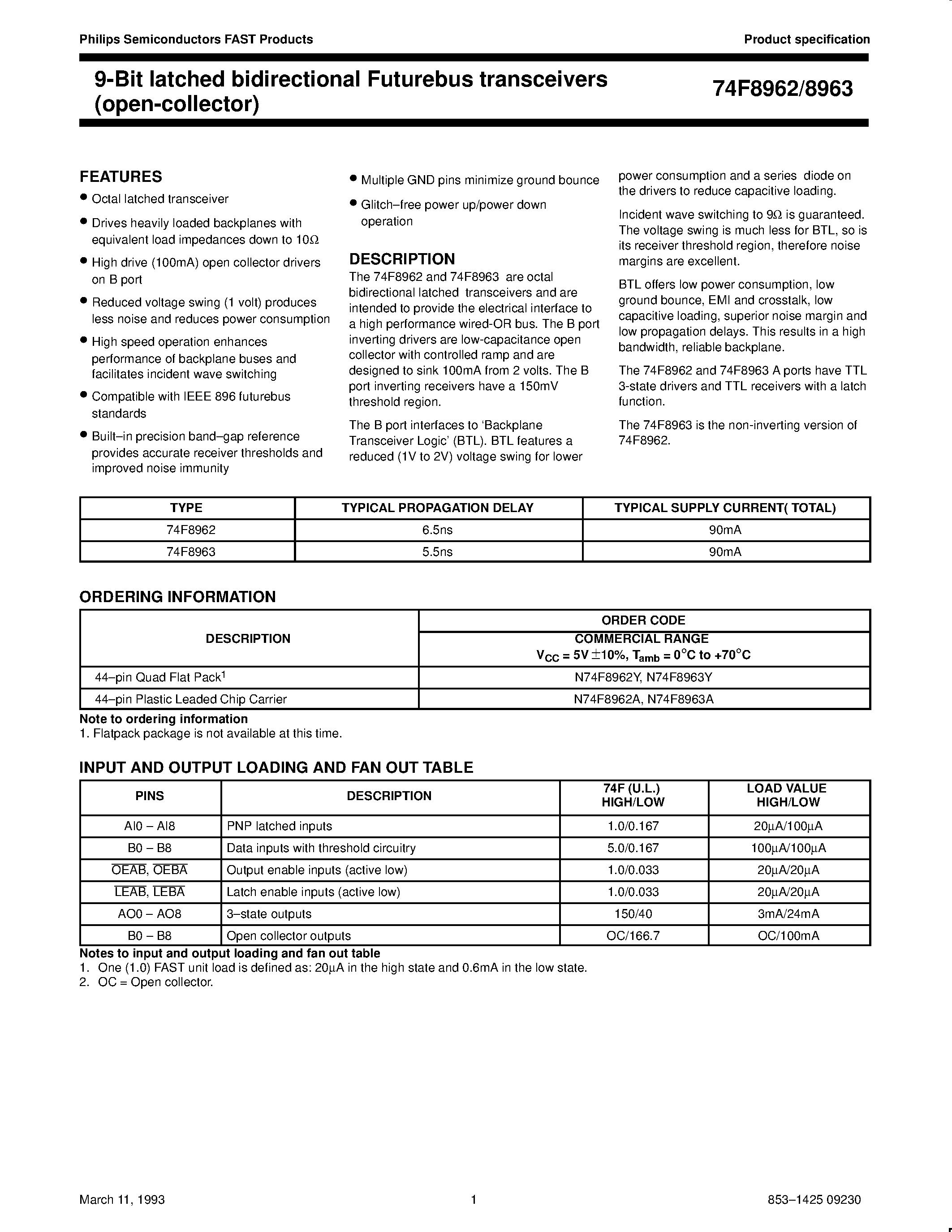 Даташит N74F8962A - 9-Bit latched bidirectional Futurebus transceivers open-collector страница 1