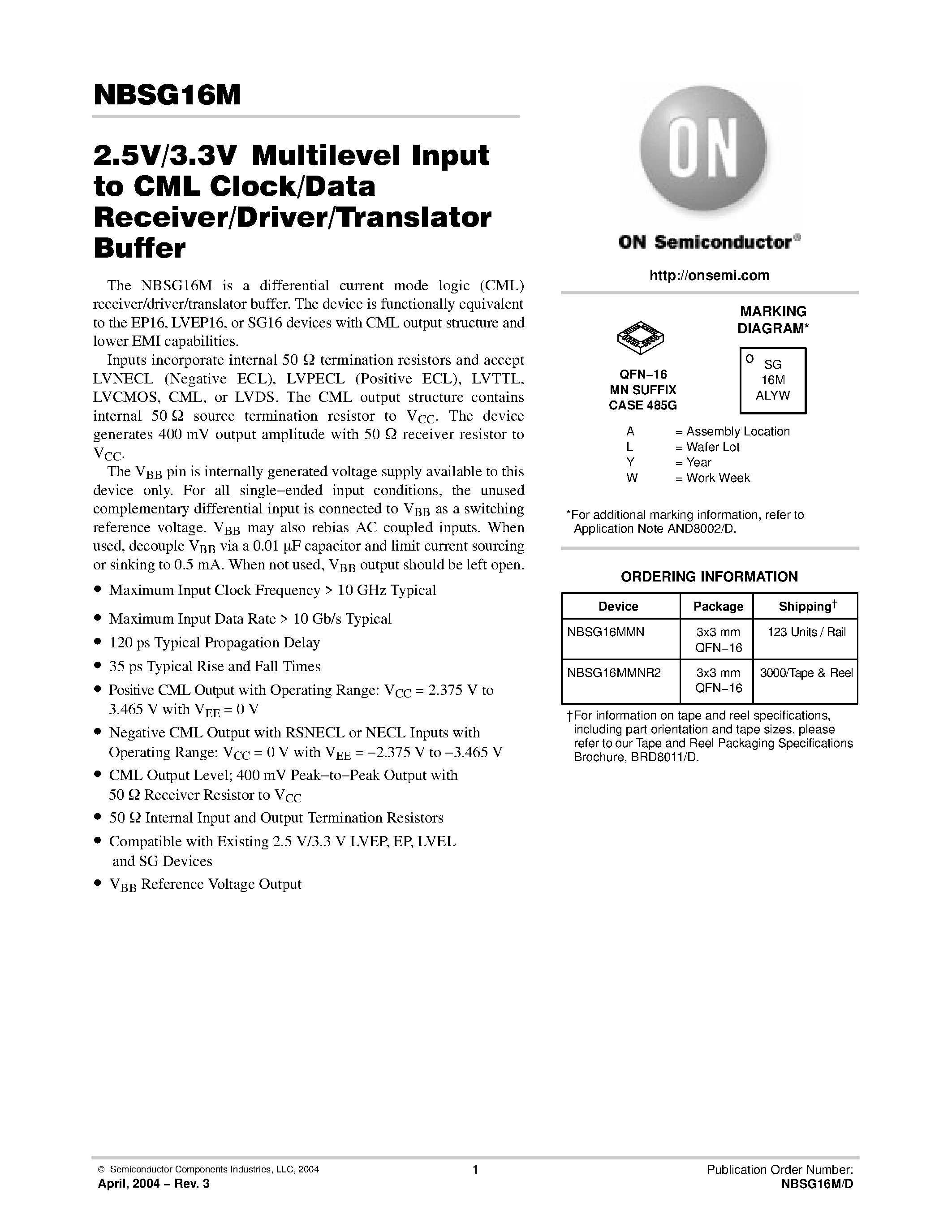 Даташит NBSG16M - 2.5V/3.3VMultilevel Input to CML Clock/Data Receiver/Driver/Translator Buffer страница 1