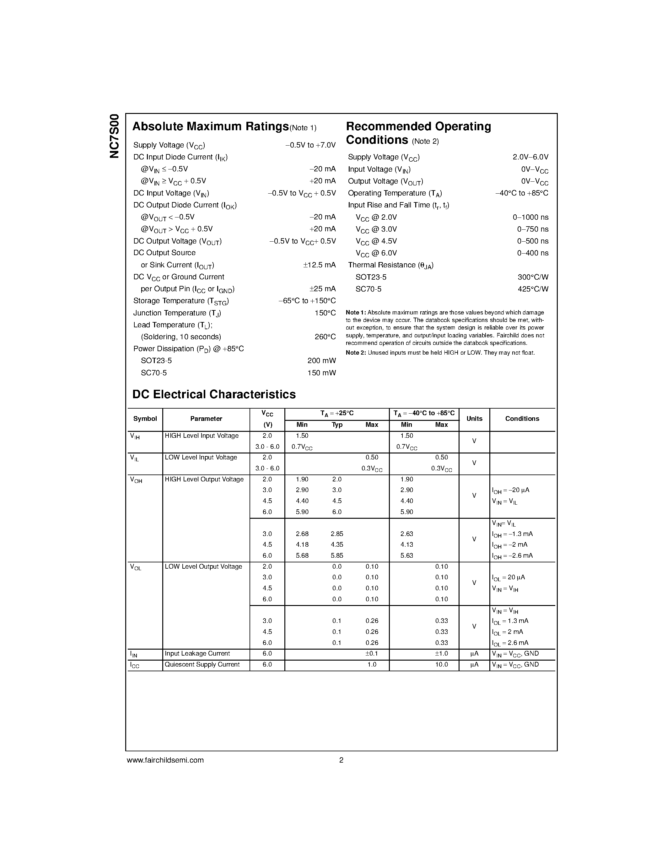 Даташит NC7S00 - TinyLogic&#63722; HS 2-Input NAND Gate страница 2