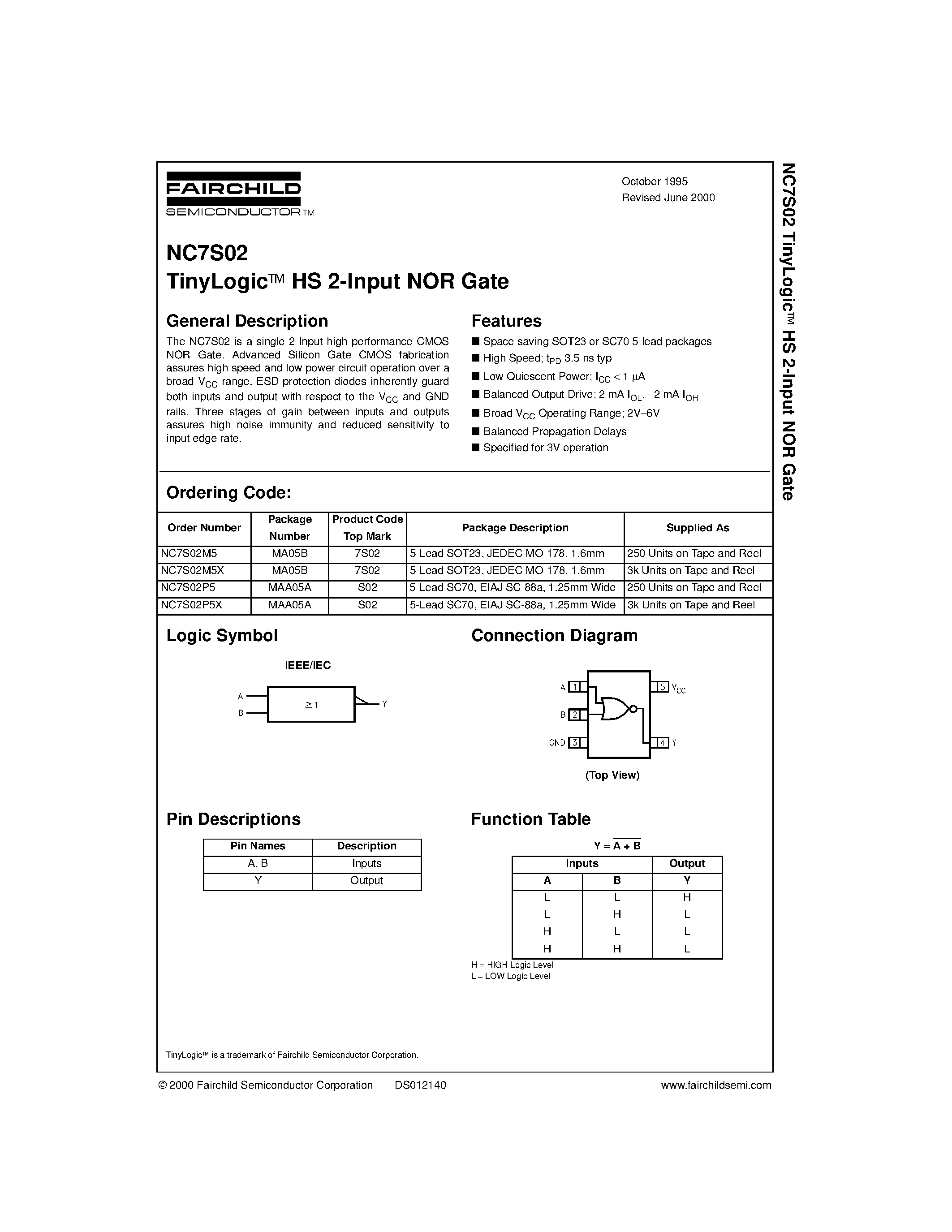 Даташит NC7S02 - TinyLogic&#63722; HS 2-Input NOR Gate страница 1