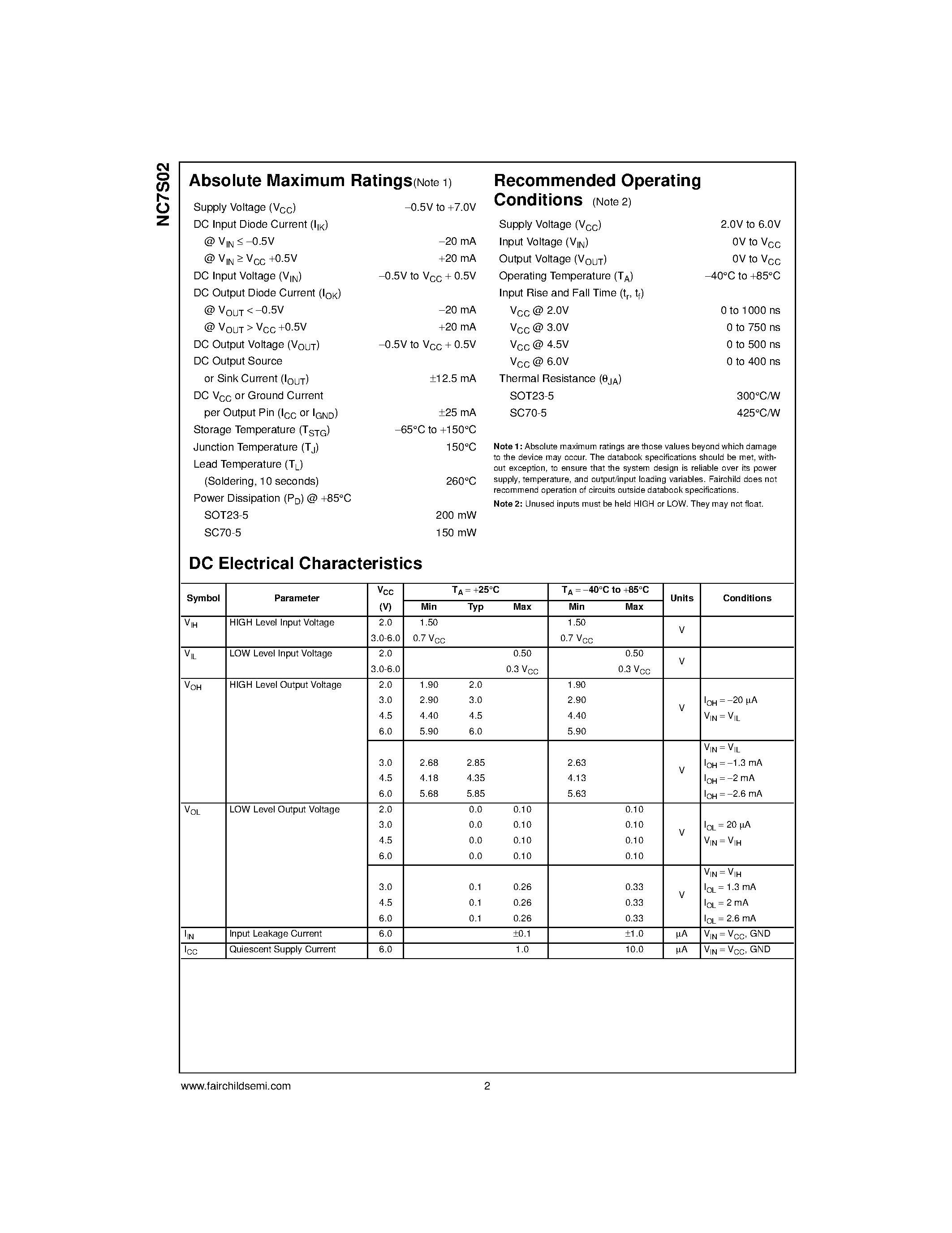 Даташит NC7S02M5 - TinyLogic&#63722; HS 2-Input NOR Gate страница 2