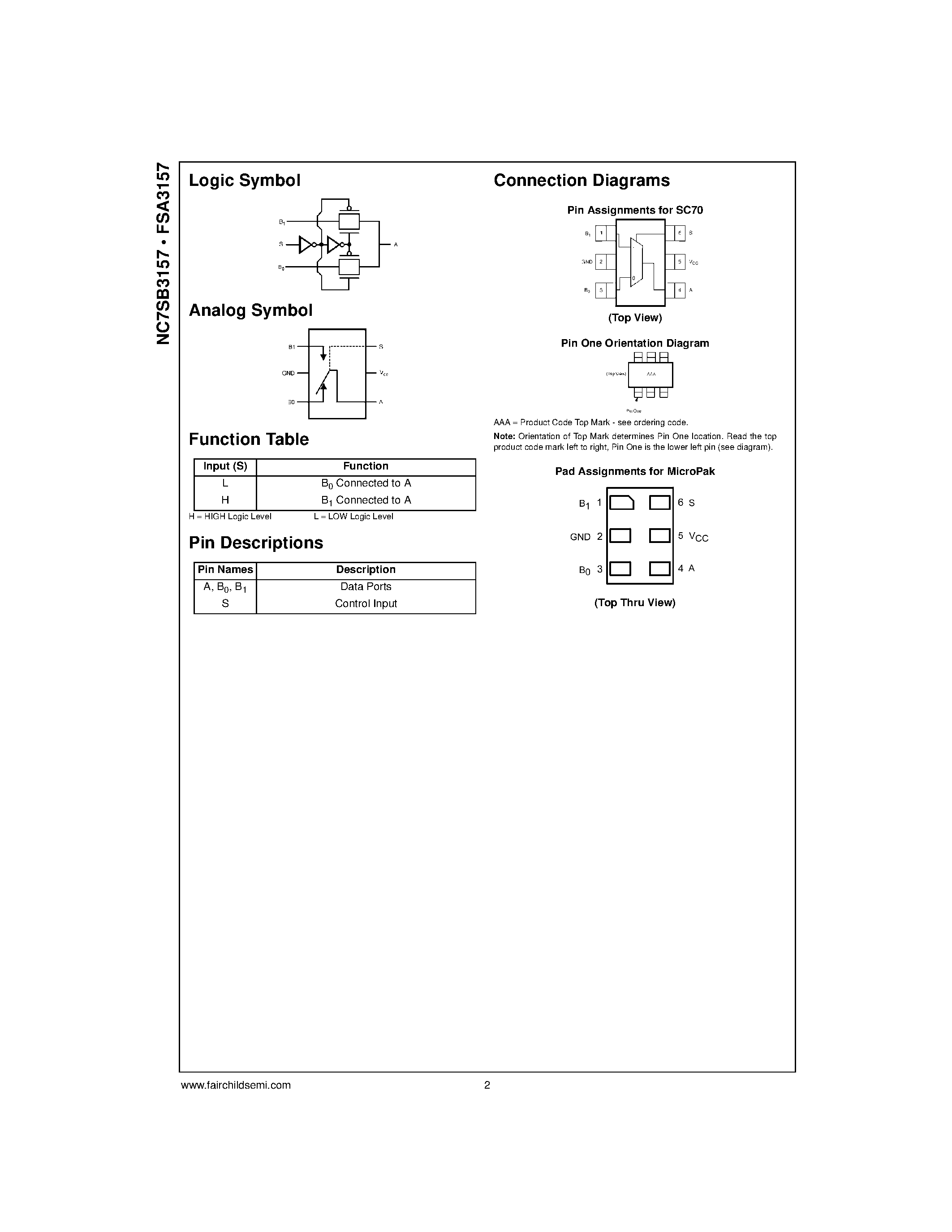 Даташит NC7SB3157L6X - TinyLogic Low Voltage UHS SPDT Analog Switch or 2:1 Multiplexer/Demultiplexer Bus Switch страница 2