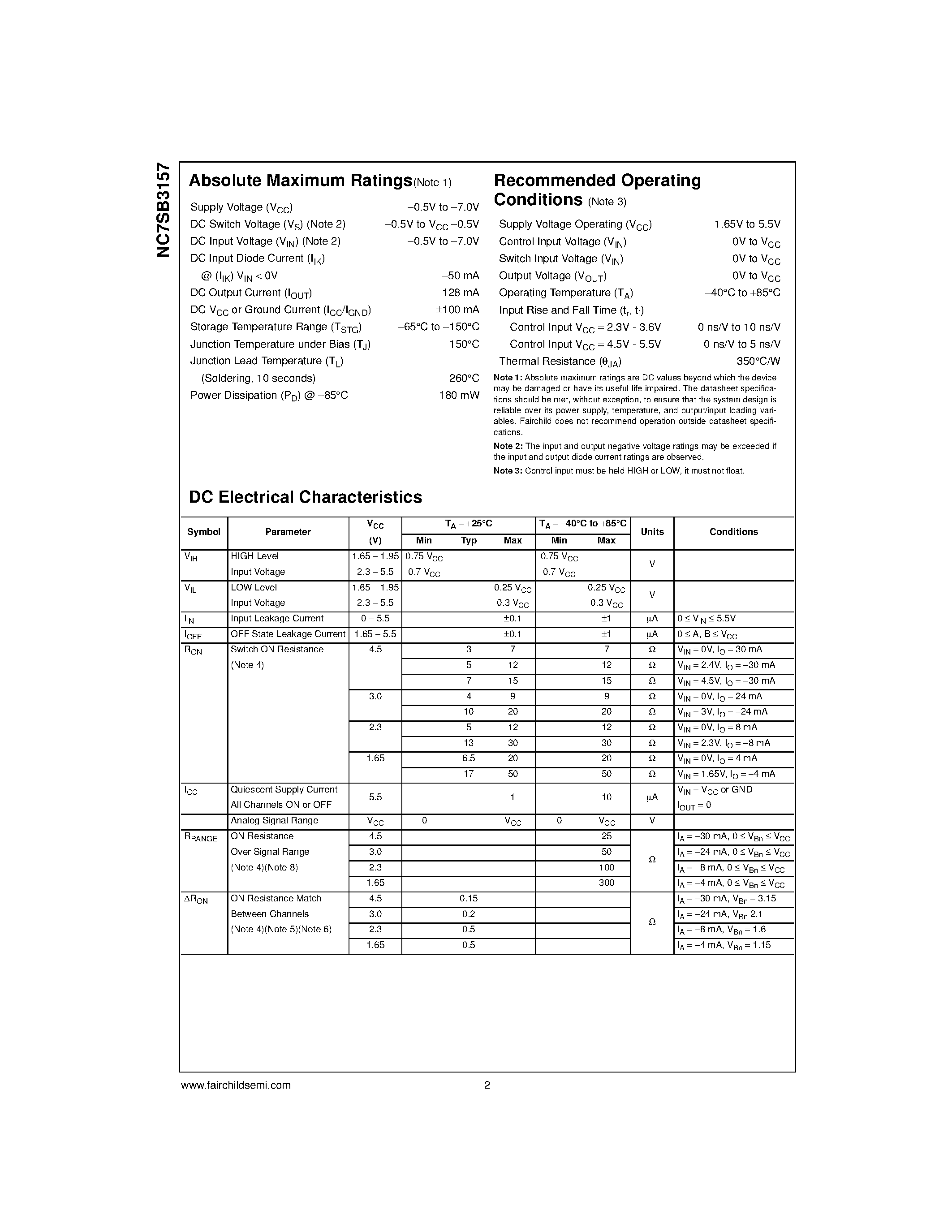 Даташит NC7SB3157P6X - TinyLogic Low Voltage UHS SPDT Analog Switch or 2:1 Multiplexer/Demultiplexer Bus Switch страница 2