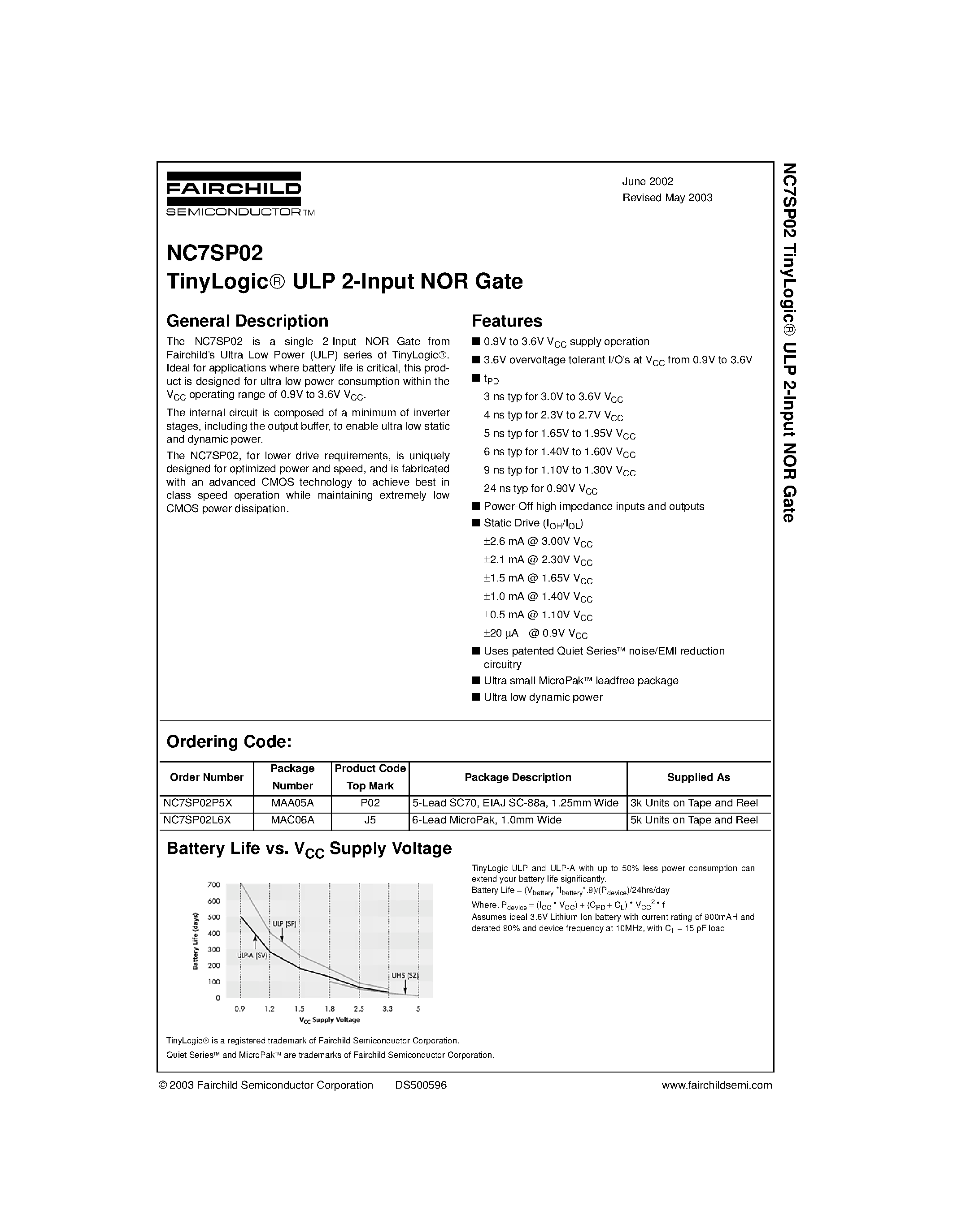 Даташит NC7SP02L6X - TinyLogic ULP 2-Input NOR Gate страница 1