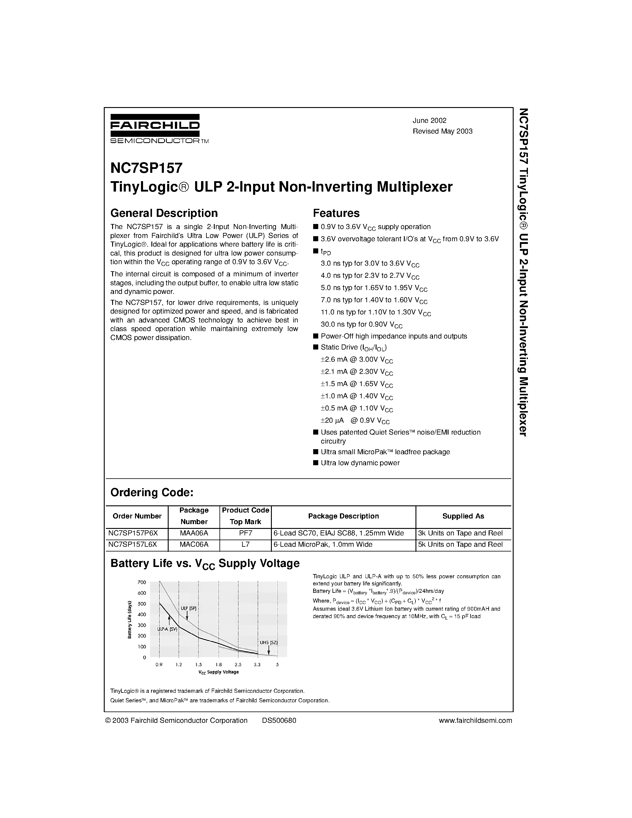 Даташит NC7SP157 - TinyLogic ULP 2-Input Non-Inverting Multiplexer страница 1