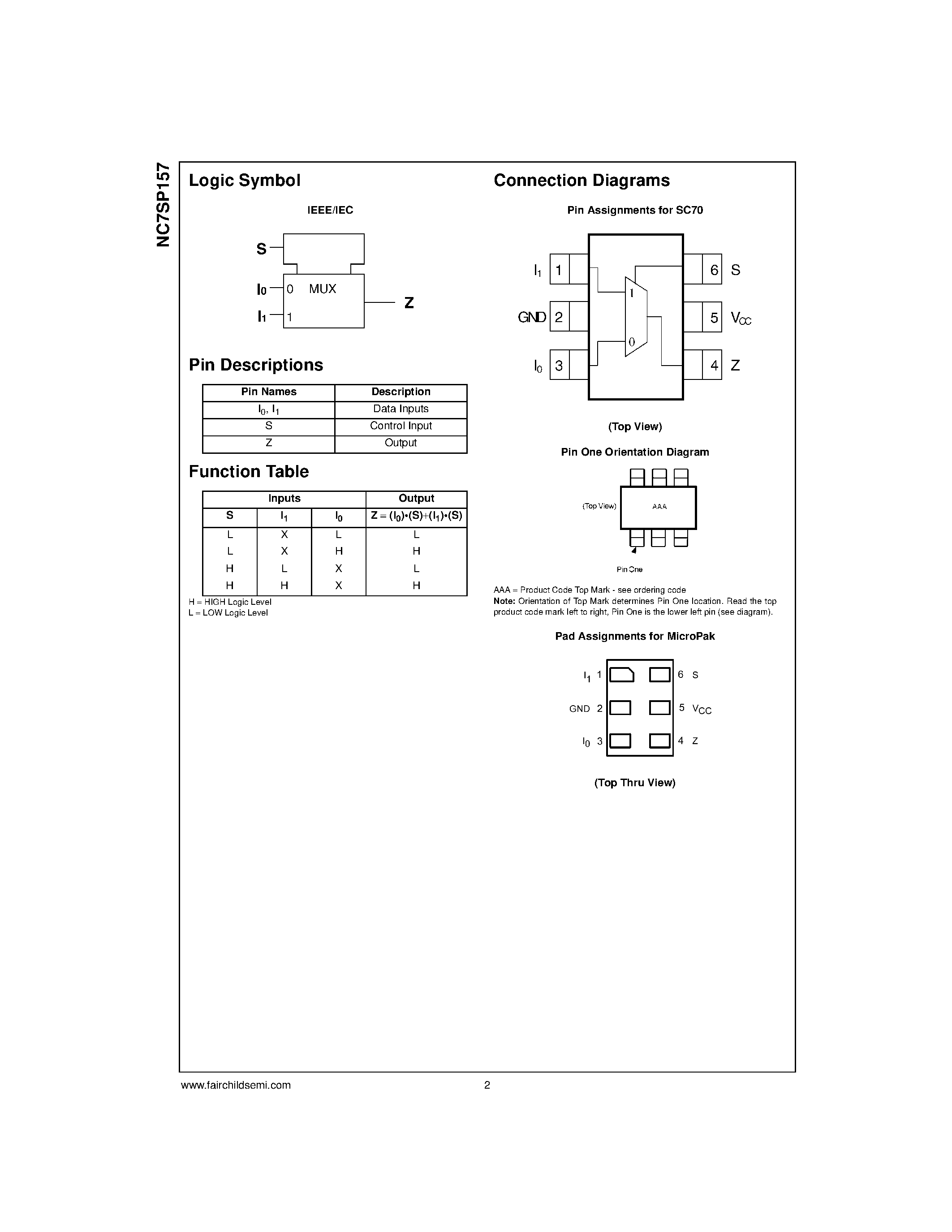 Даташит NC7SP157 - TinyLogic ULP 2-Input Non-Inverting Multiplexer страница 2