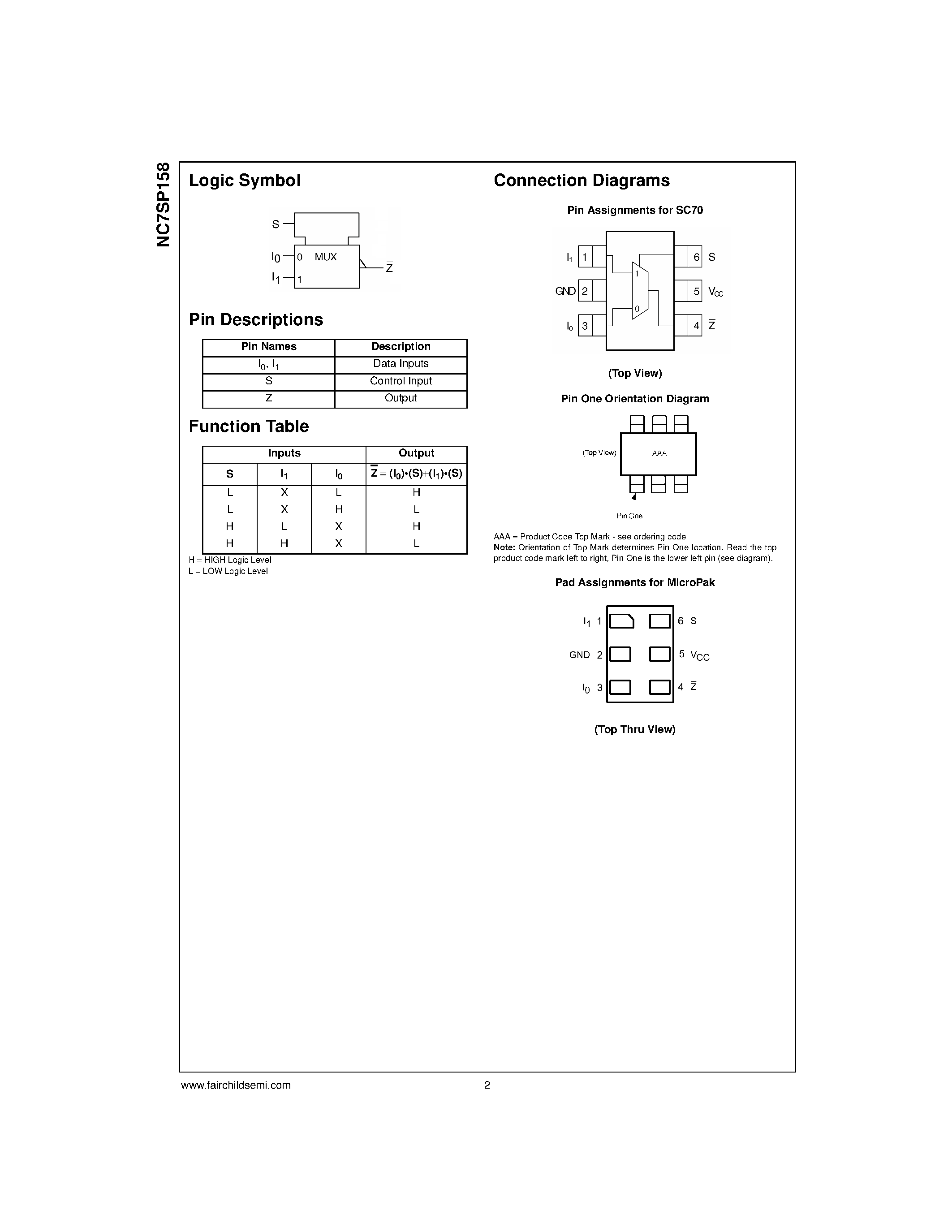 Даташит NC7SP158 - TinyLogic ULP 2-Input Inverting Multiplexer страница 2