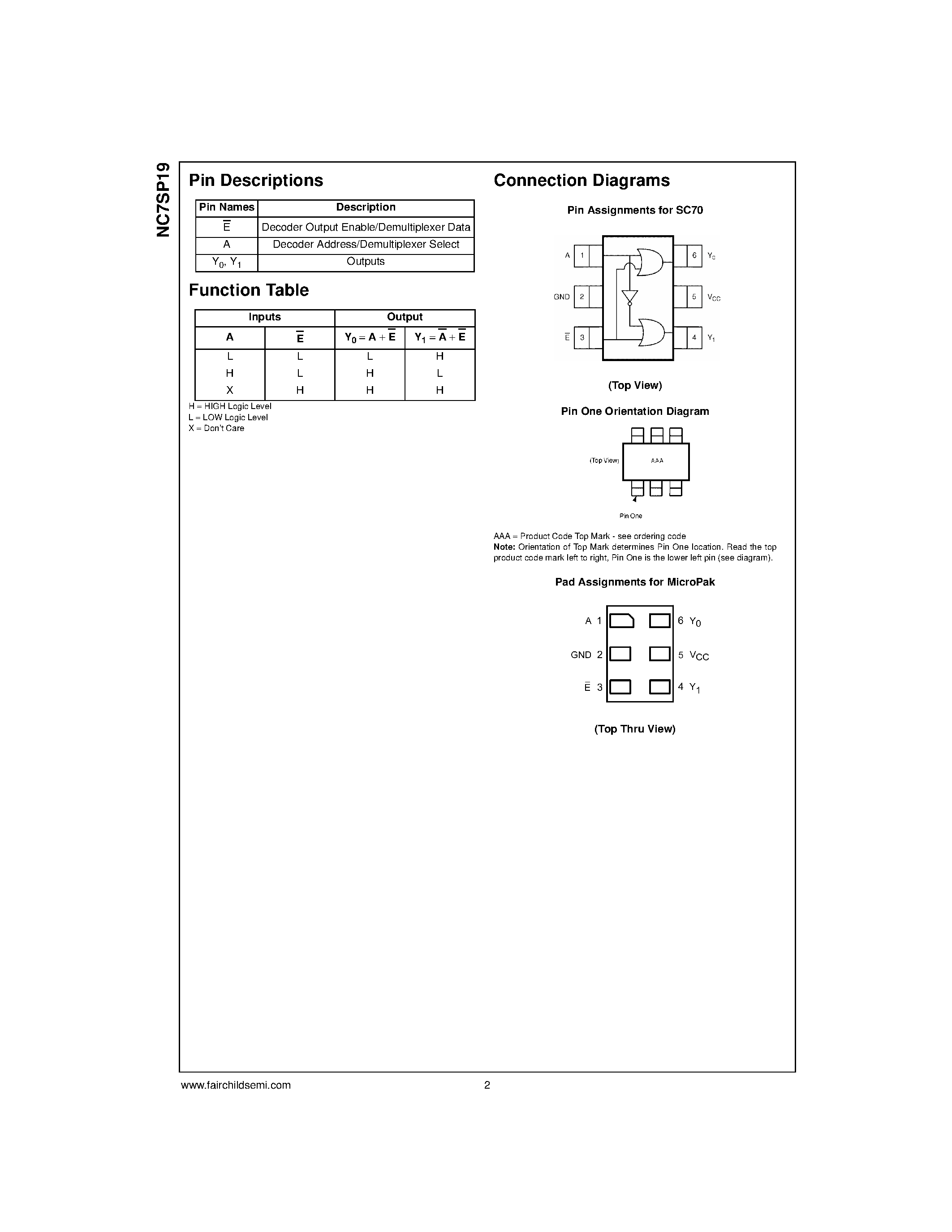 Даташит NC7SP19 - TinyLogic ULP 1-of-2 Decoder/Demultiplexer страница 2