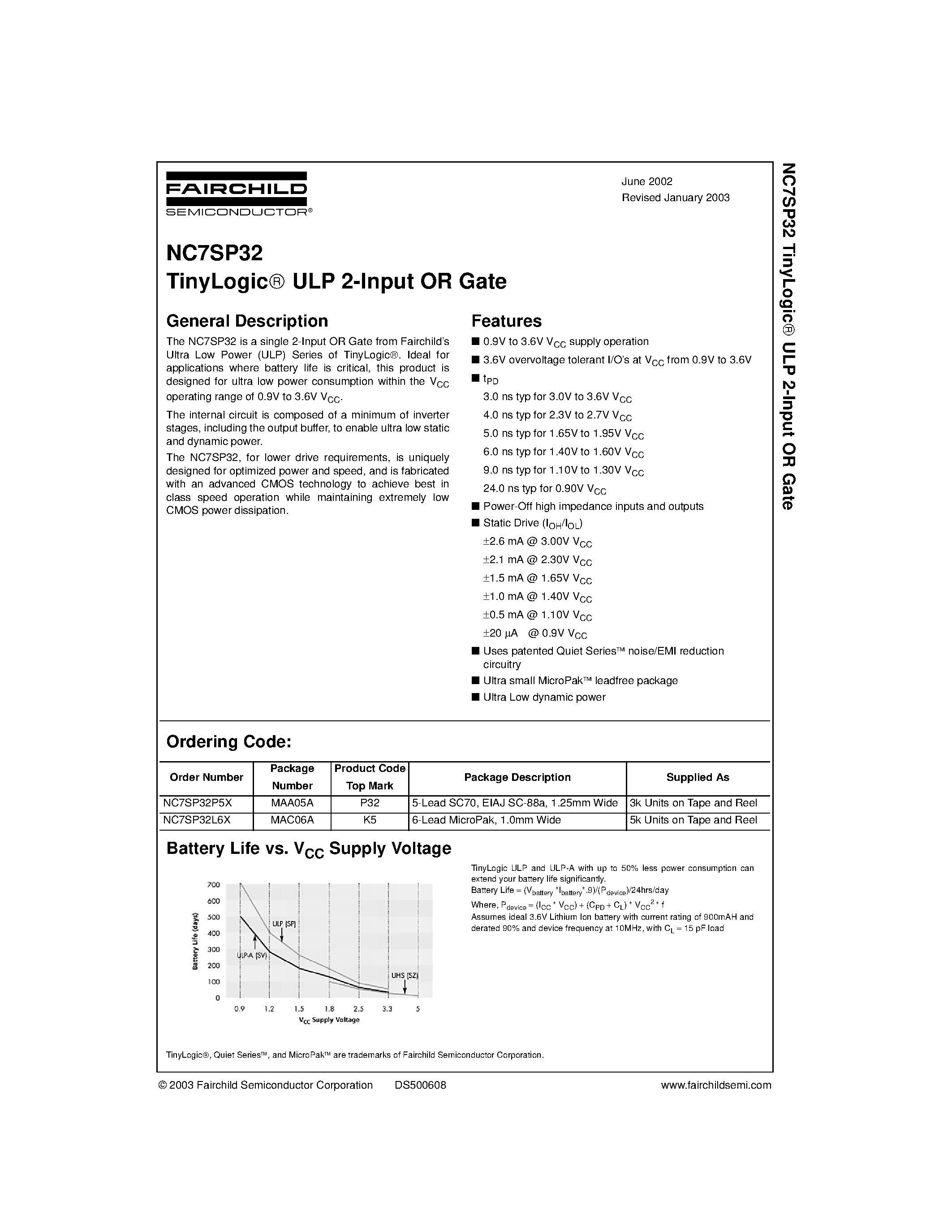 Даташит NC7SP32 - TinyLogic ULP 2-Input OR Gate страница 1