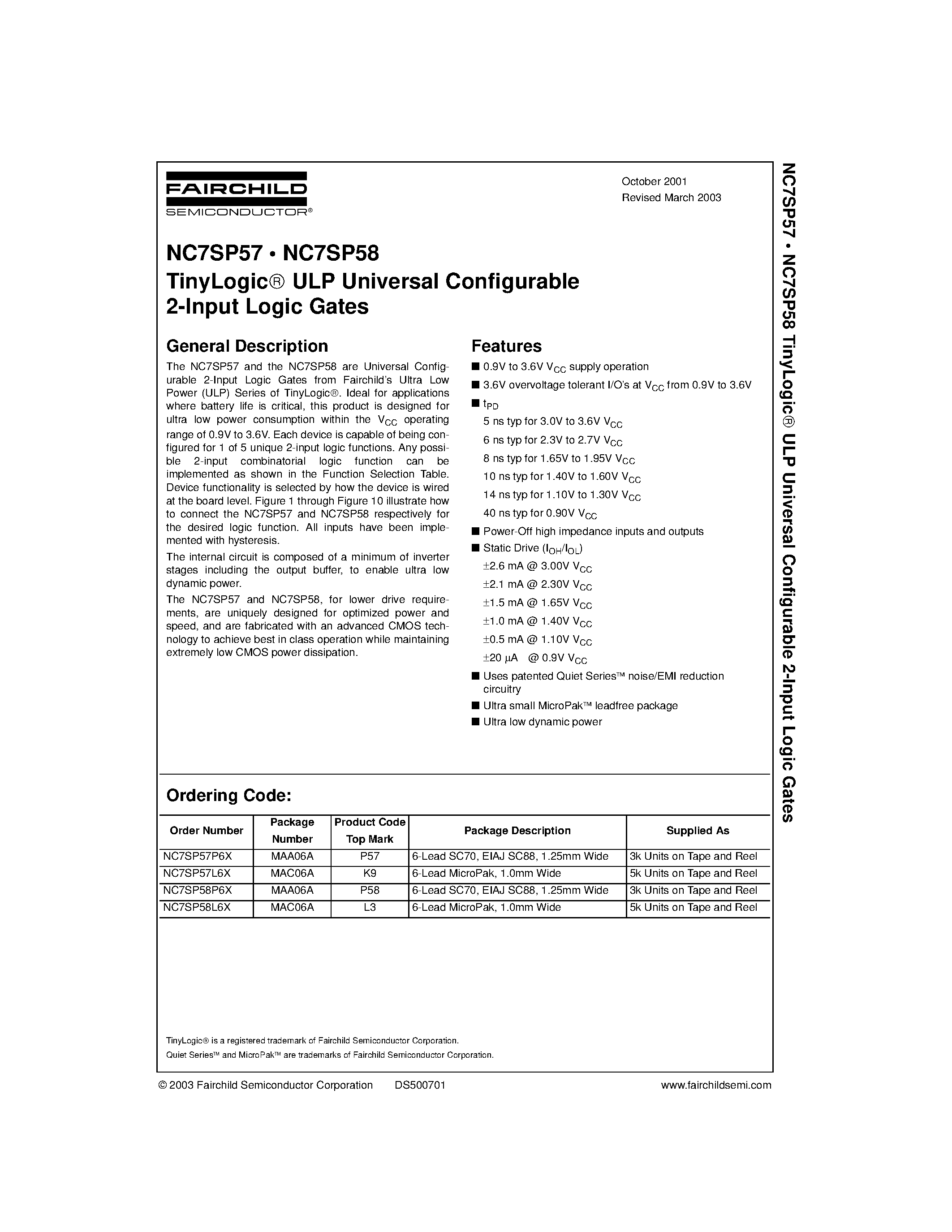 Даташит NC7SP5 - TinyLogic. ULP Universal Configurable 2-Input Logic Gates страница 1