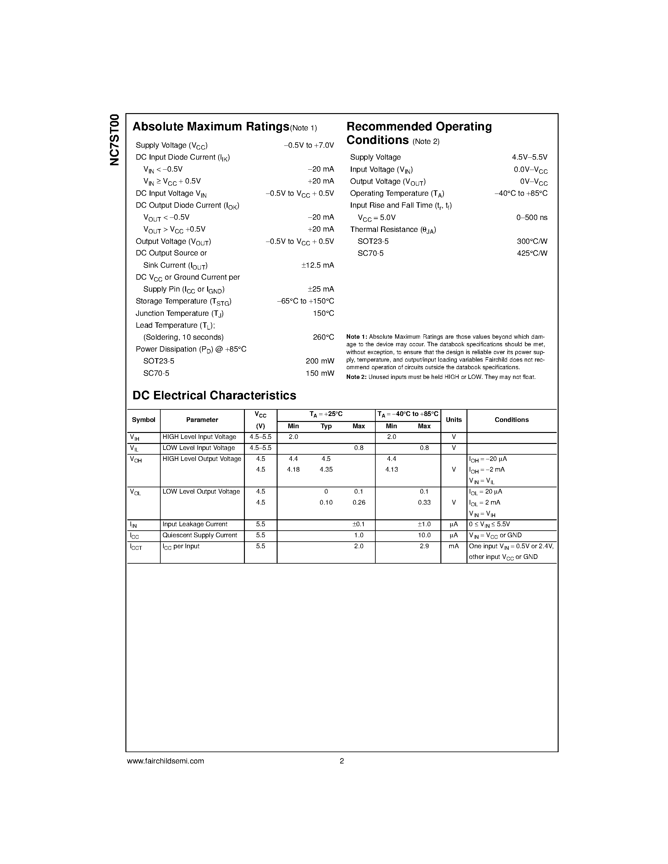 Даташит NC7ST00 - TinyLogic&#63722; HST 2-Input NAND Gate страница 2