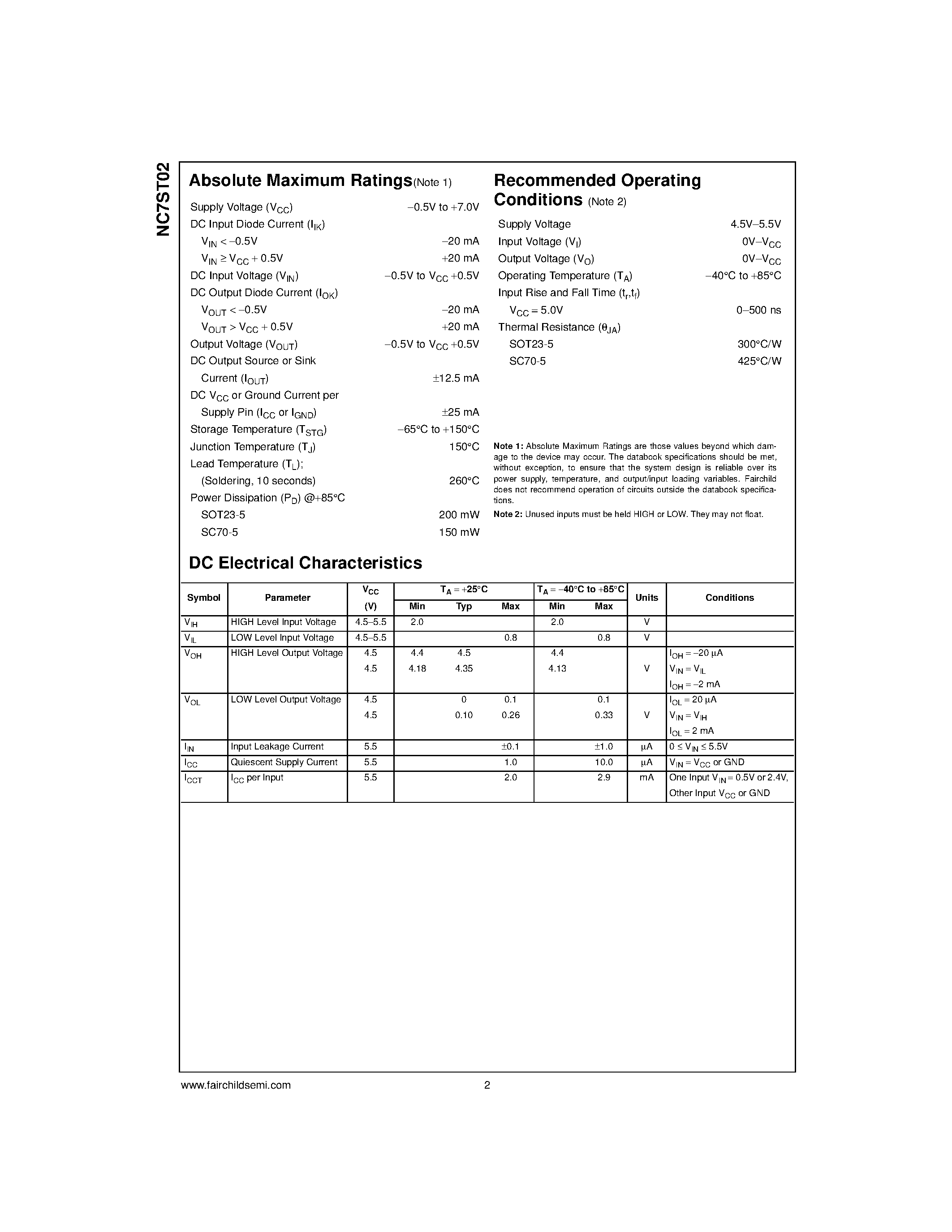 Даташит NC7ST02M5 - TinyLogic&#63722; HST 2-Input NOR Gate страница 2