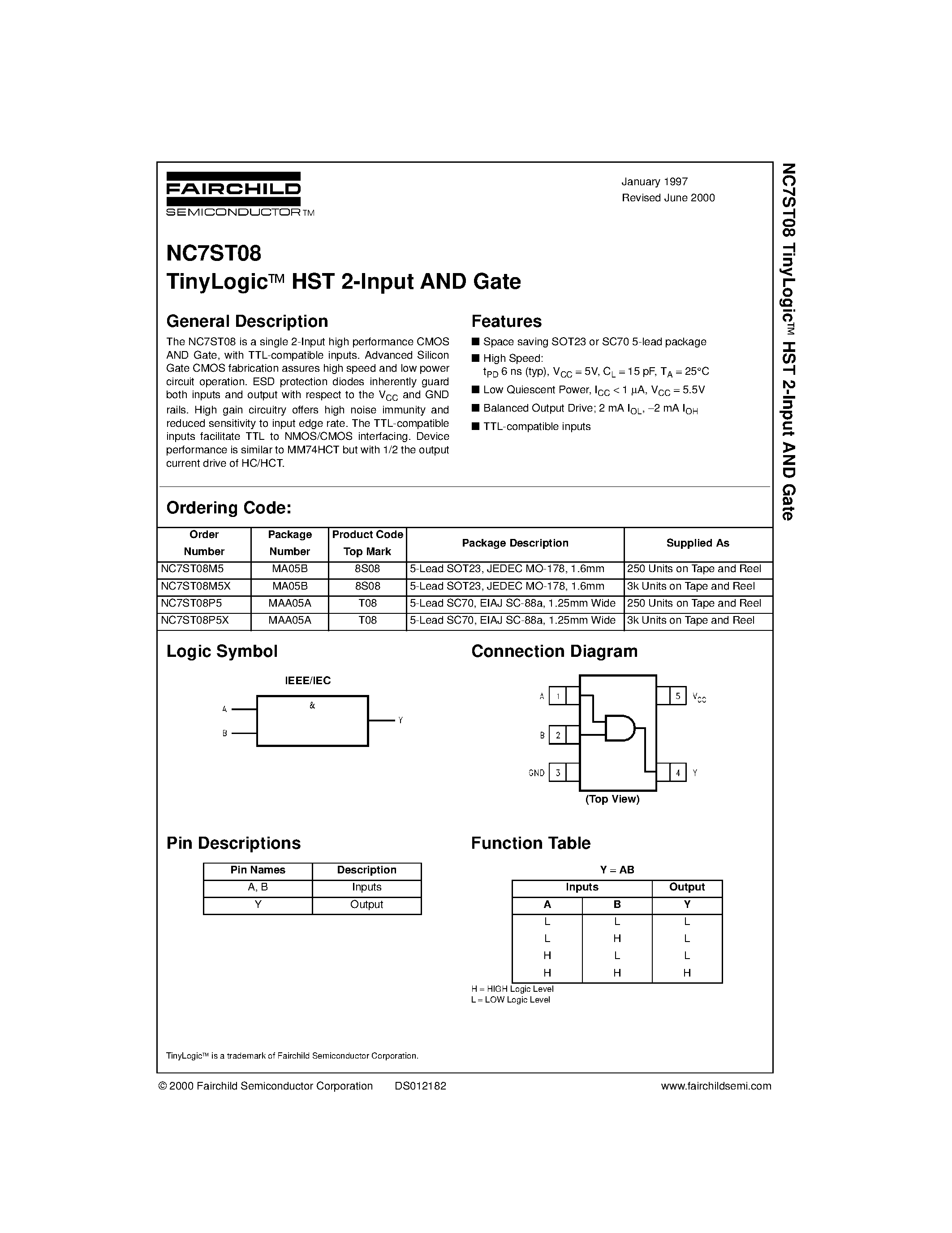 Даташит NC7ST08 - TinyLogic&#63722; HST 2-Input AND Gate страница 1