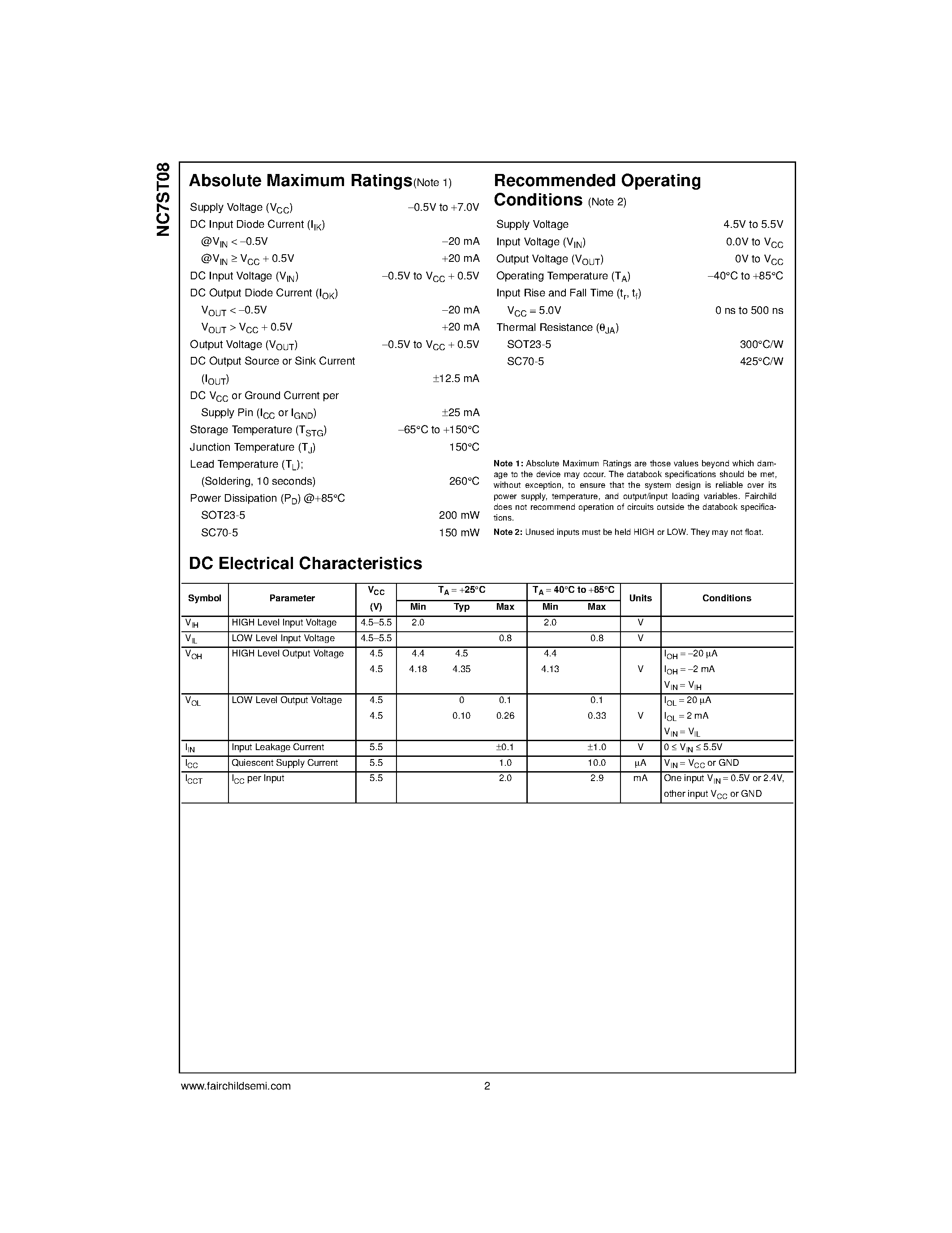 Даташит NC7ST08M5 - TinyLogic&#63722; HST 2-Input AND Gate страница 2