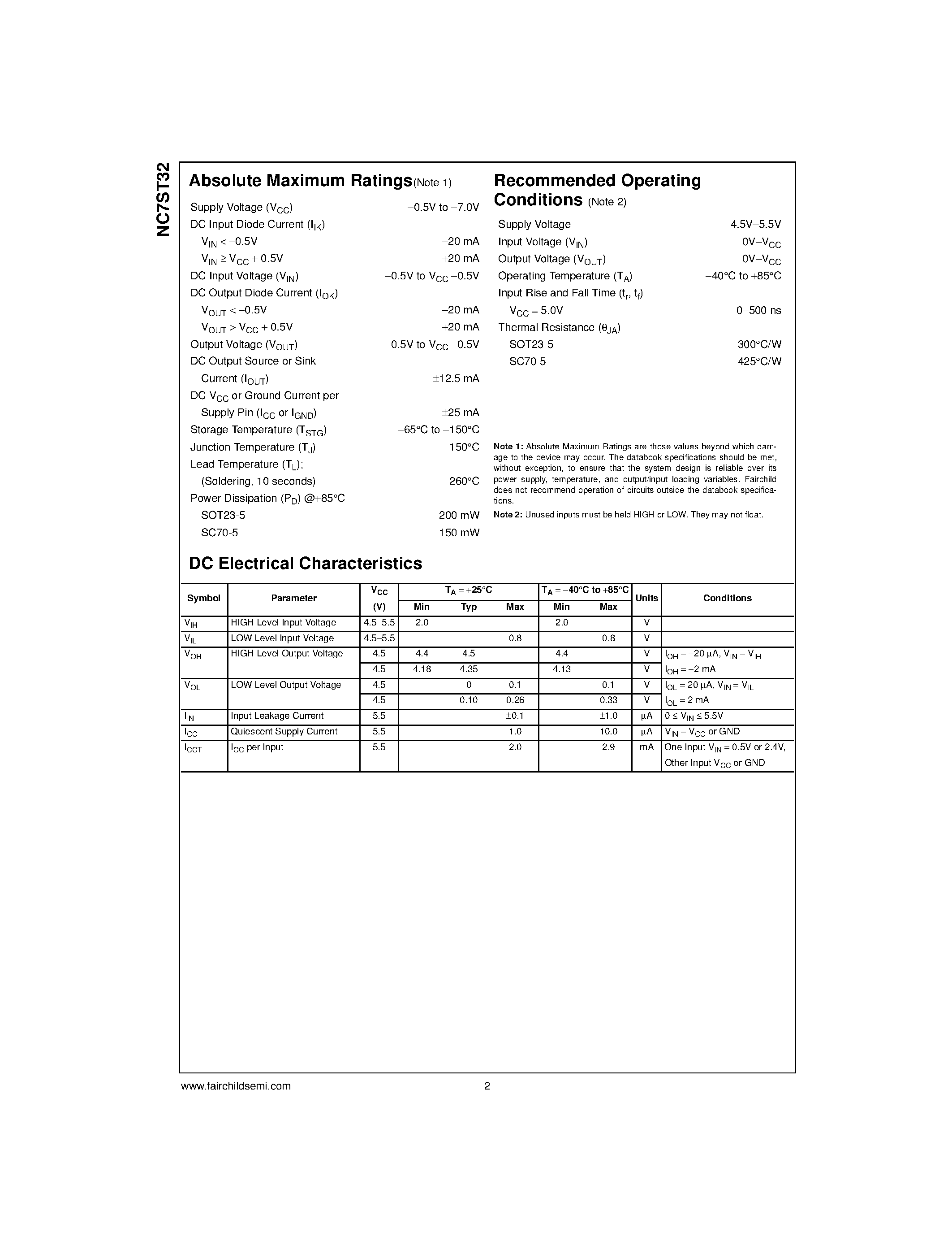 Даташит NC7ST32M5 - TinyLogic&#63722; HST 2-Input OR Gate страница 2