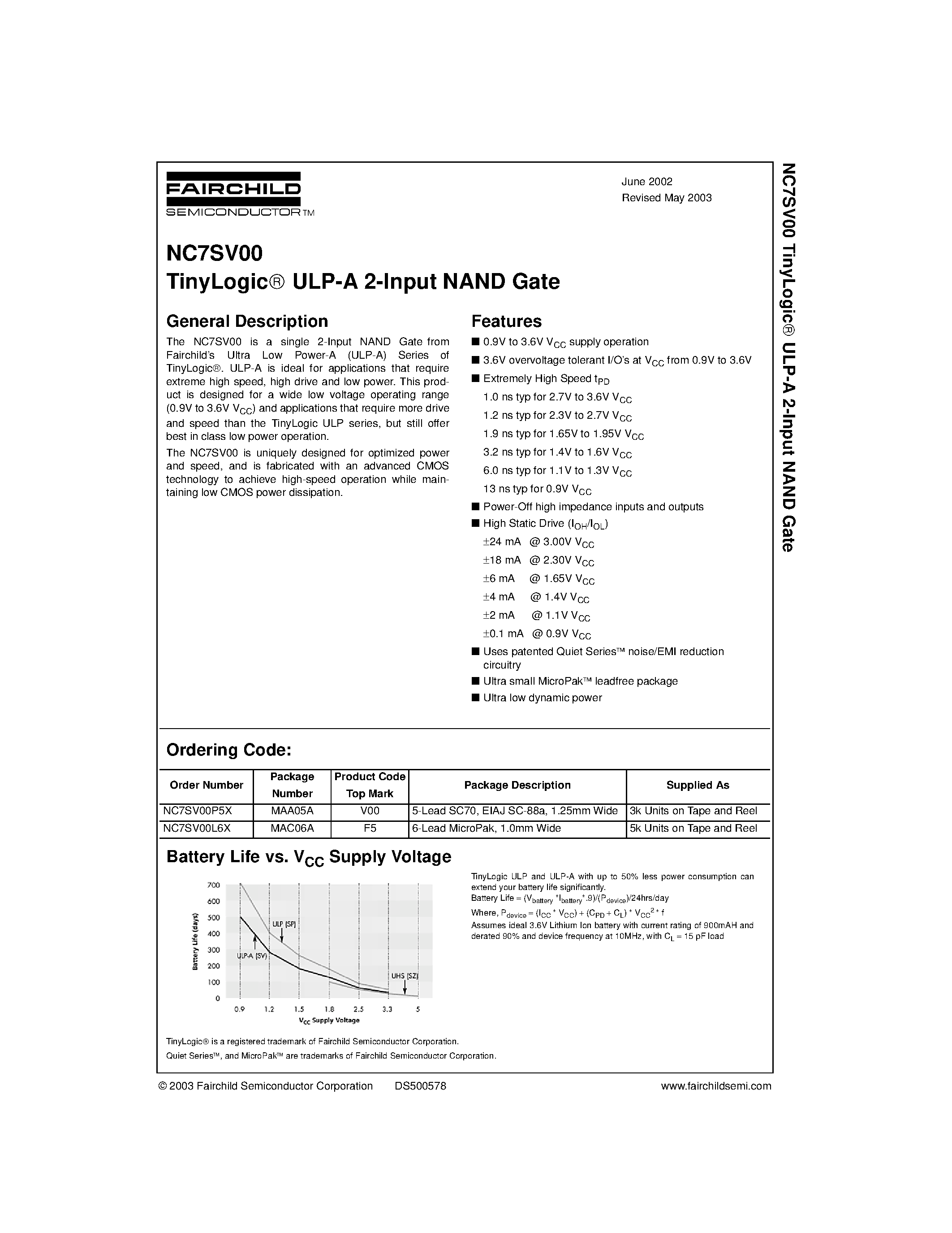 Даташит NC7SV00 - TinyLogic ULP-A 2-Input NAND Gate страница 1