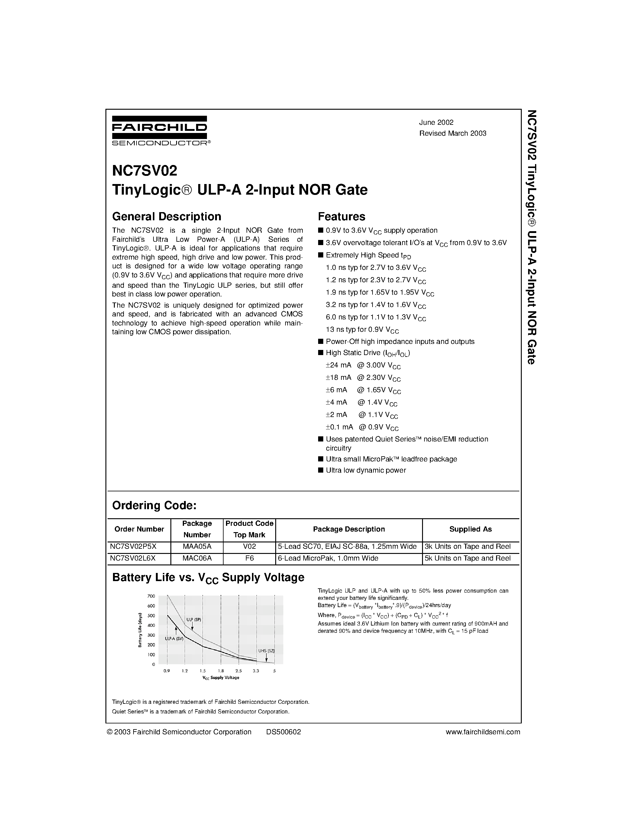 Даташит NC7SV02 - TinyLogic ULP-A 2-Input NOR Gate страница 1