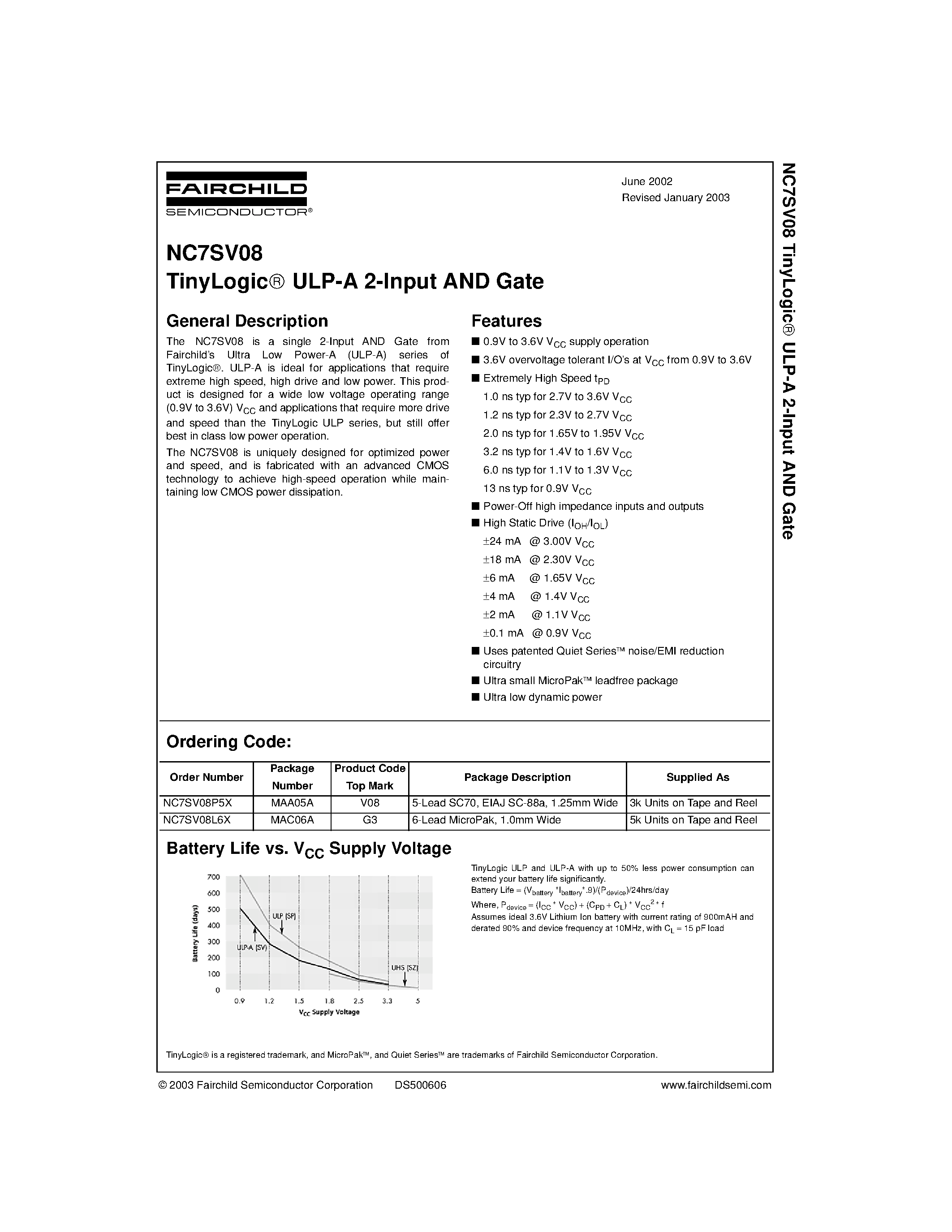 Даташит NC7SV08 - TinyLogic ULP-A 2-Input AND Gate страница 1