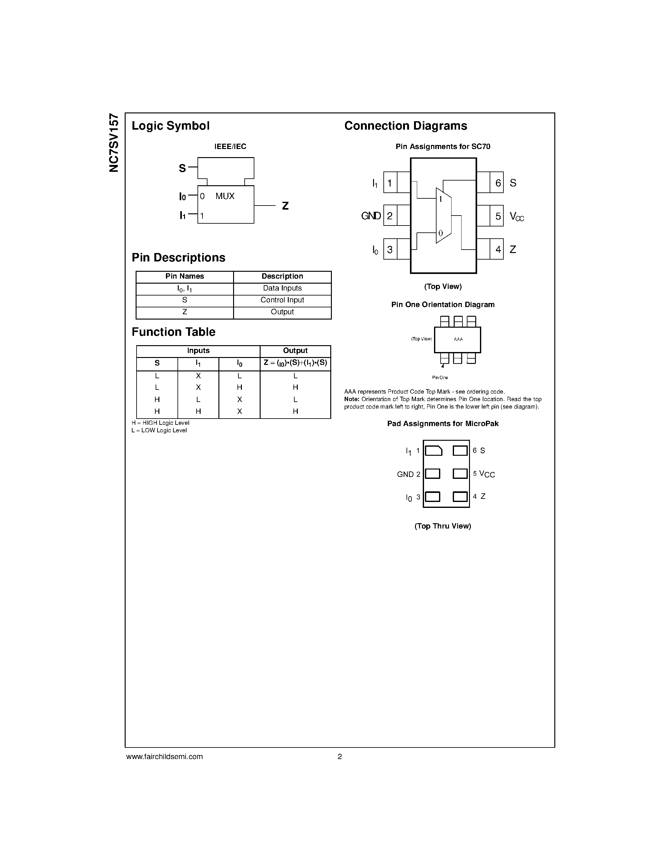 Даташит NC7SV157 - TinyLogic ULP-A 2-Input Non-Inverting Multiplexer страница 2