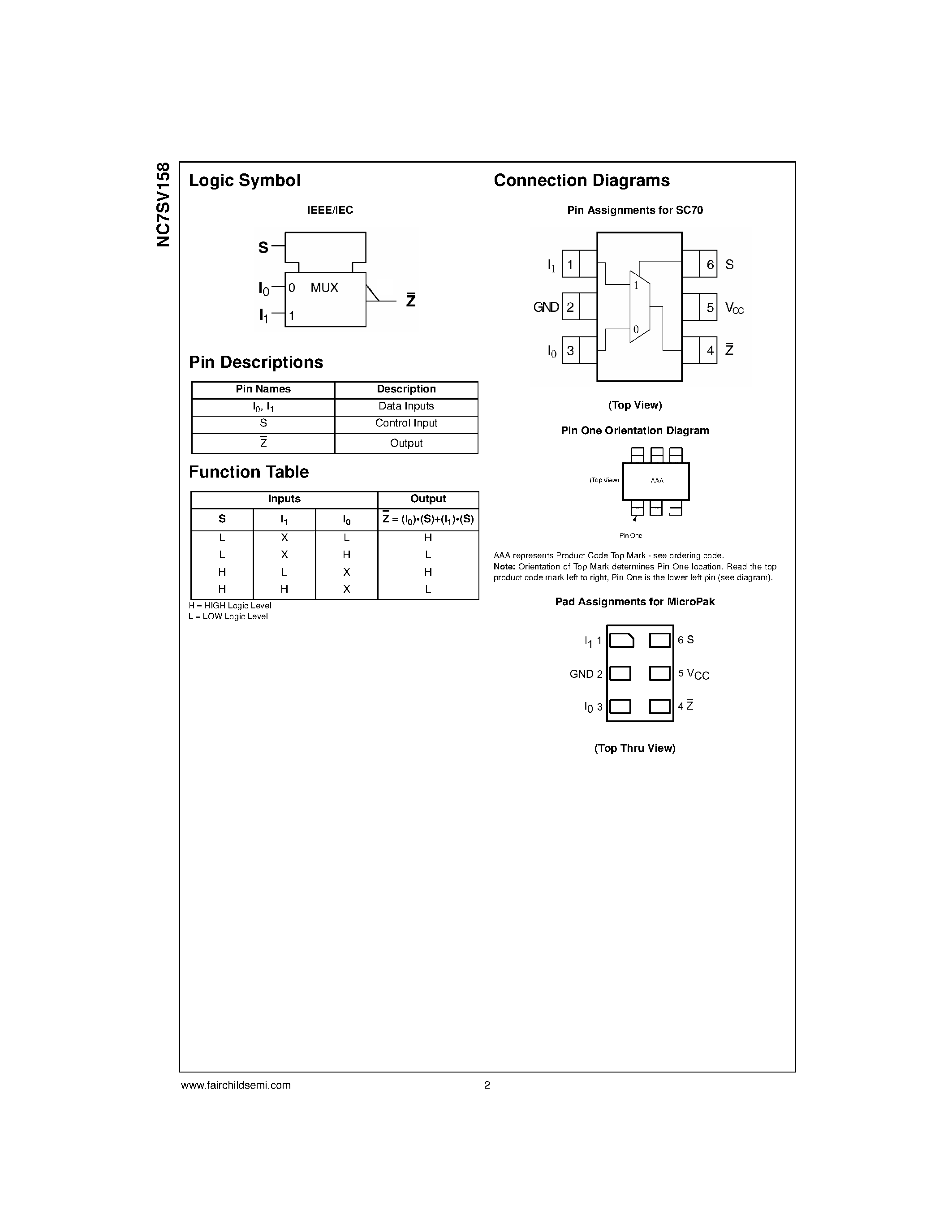 Даташит NC7SV158 - TinyLogic ULP-A 2-Input Inverting Multiplexer страница 2