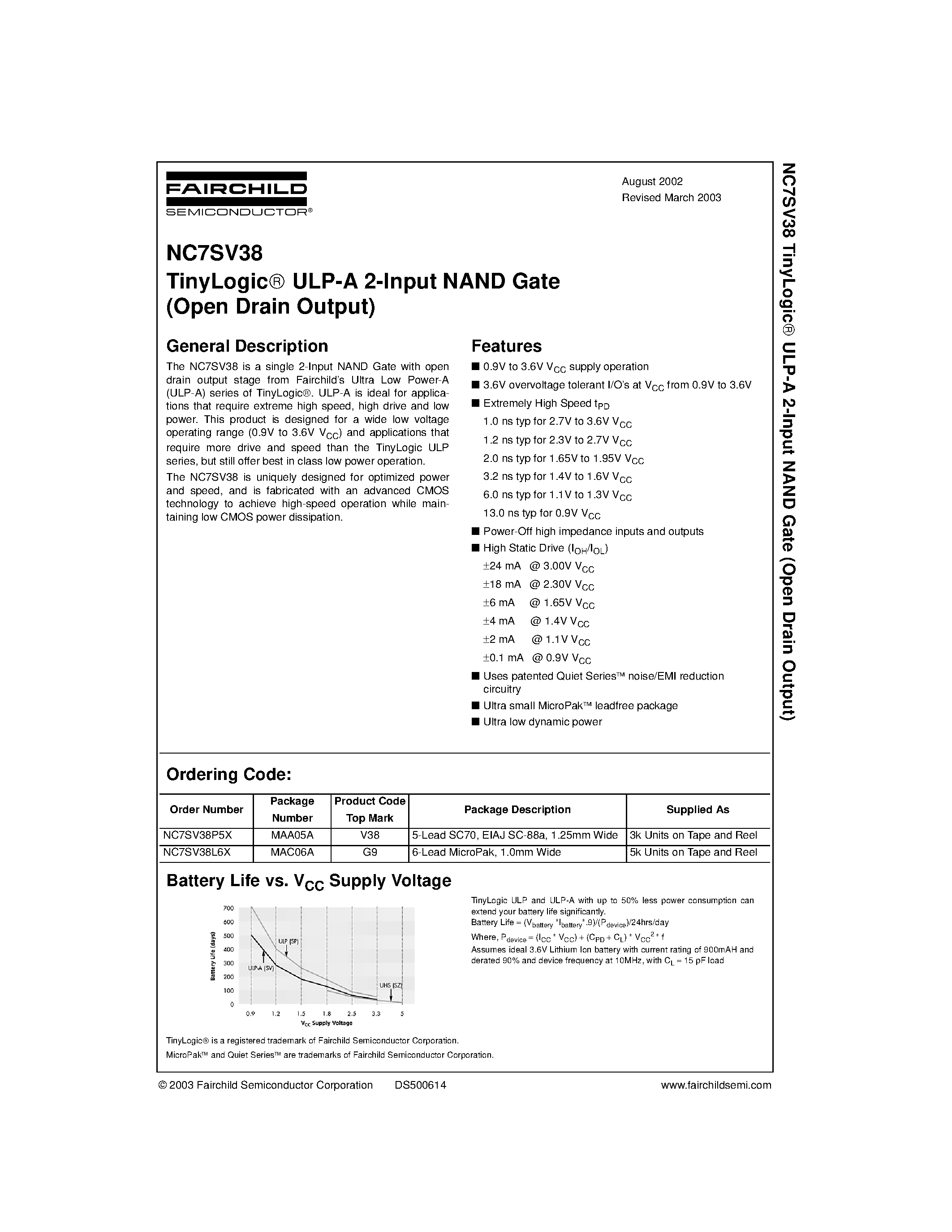 Даташит NC7SV38 - TinyLogic. ULP-A 2-Input NAND Gate (Open Drain Output) страница 1