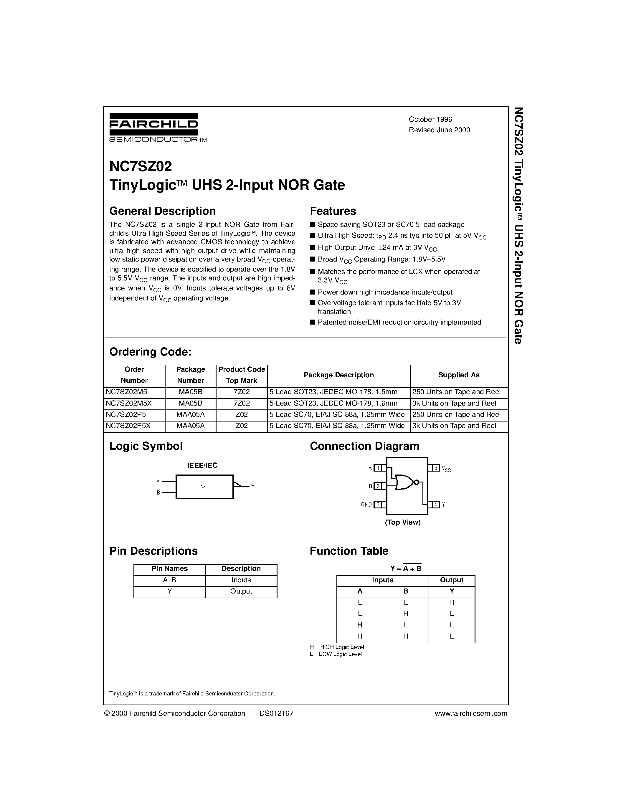 Даташит NC7SZ02 - TinyLogic&#63722; UHS 2-Input NOR Gate страница 1