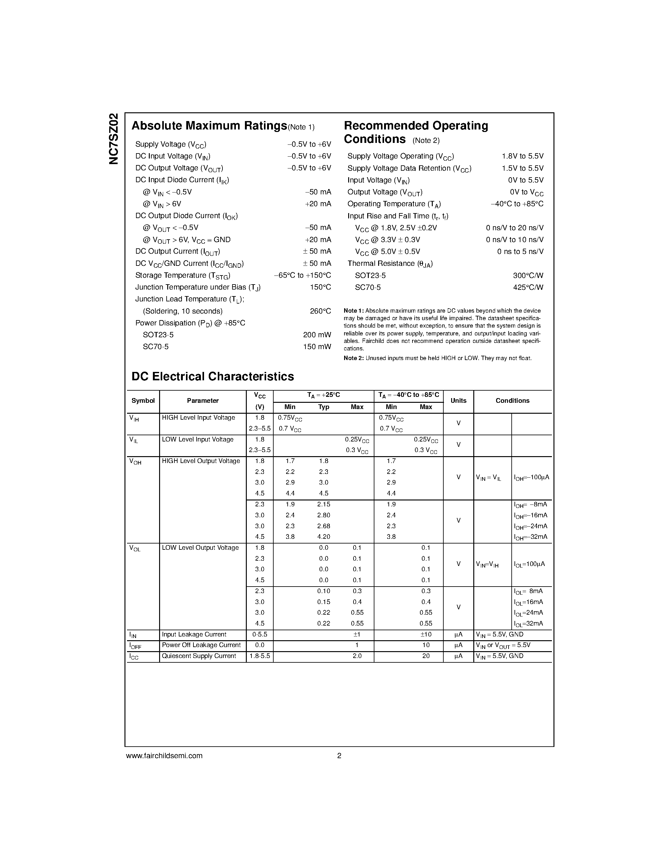 Даташит NC7SZ02 - TinyLogic&#63722; UHS 2-Input NOR Gate страница 2