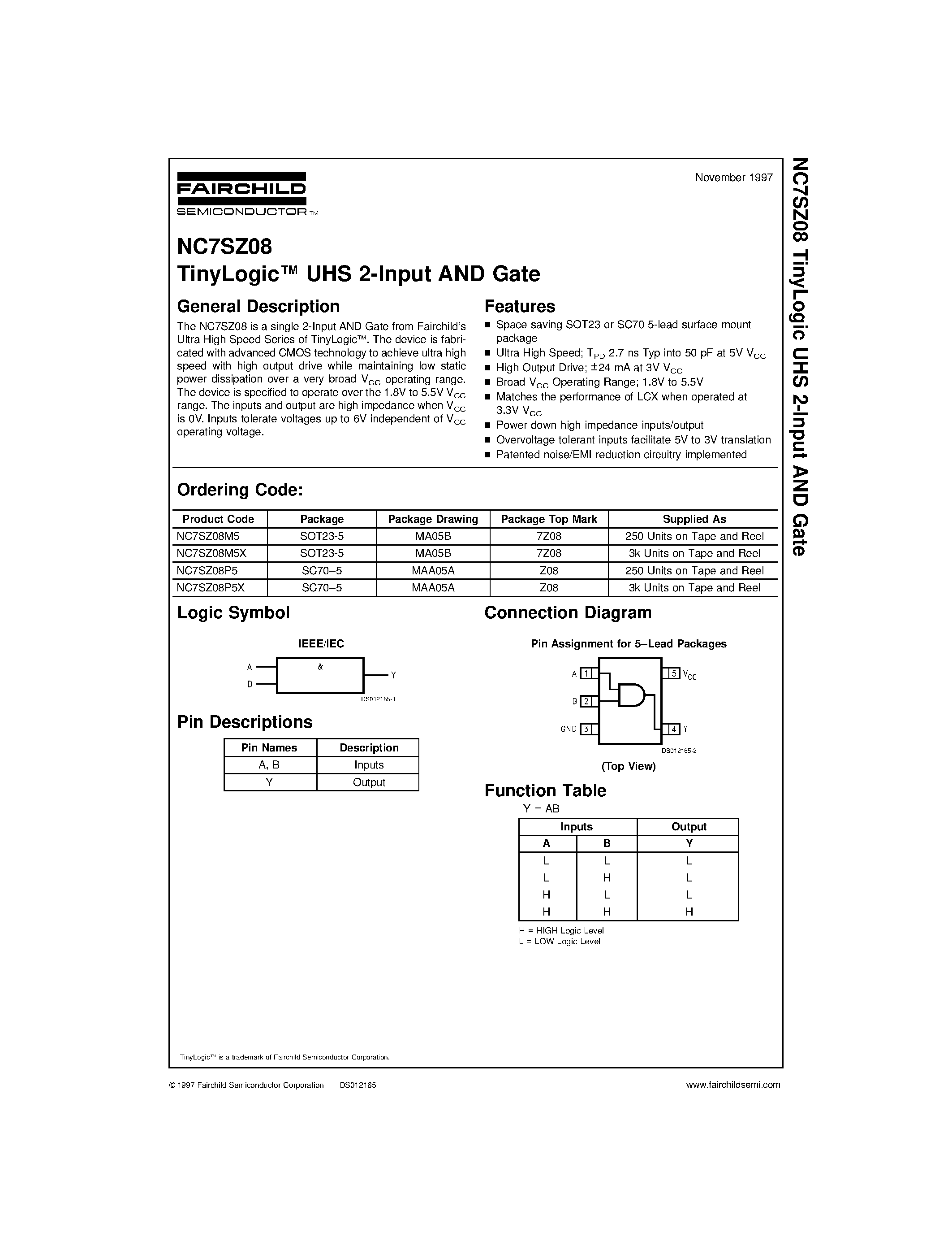 Даташит NC7SZ08 - TinyLogic UHS 2-Input AND Gate страница 1