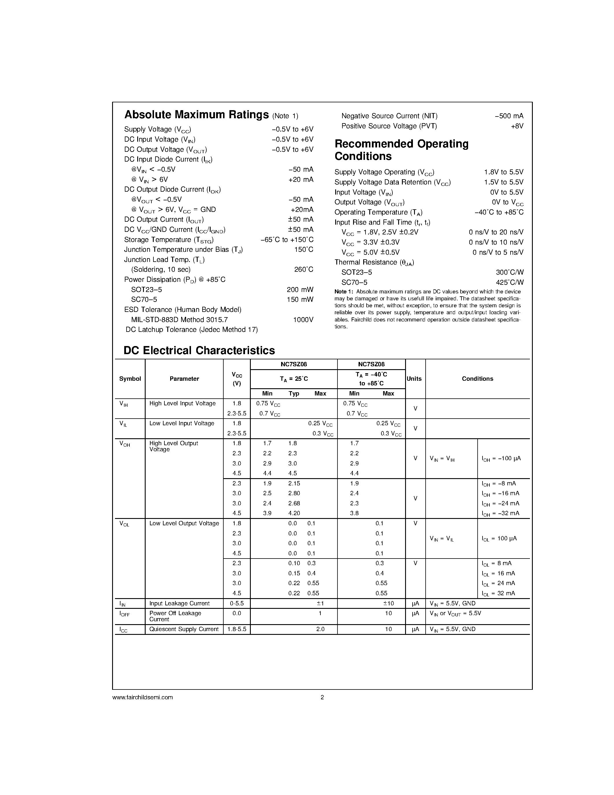 Даташит NC7SZ08L6X - TinyLogic UHS 2-Input AND Gate страница 2