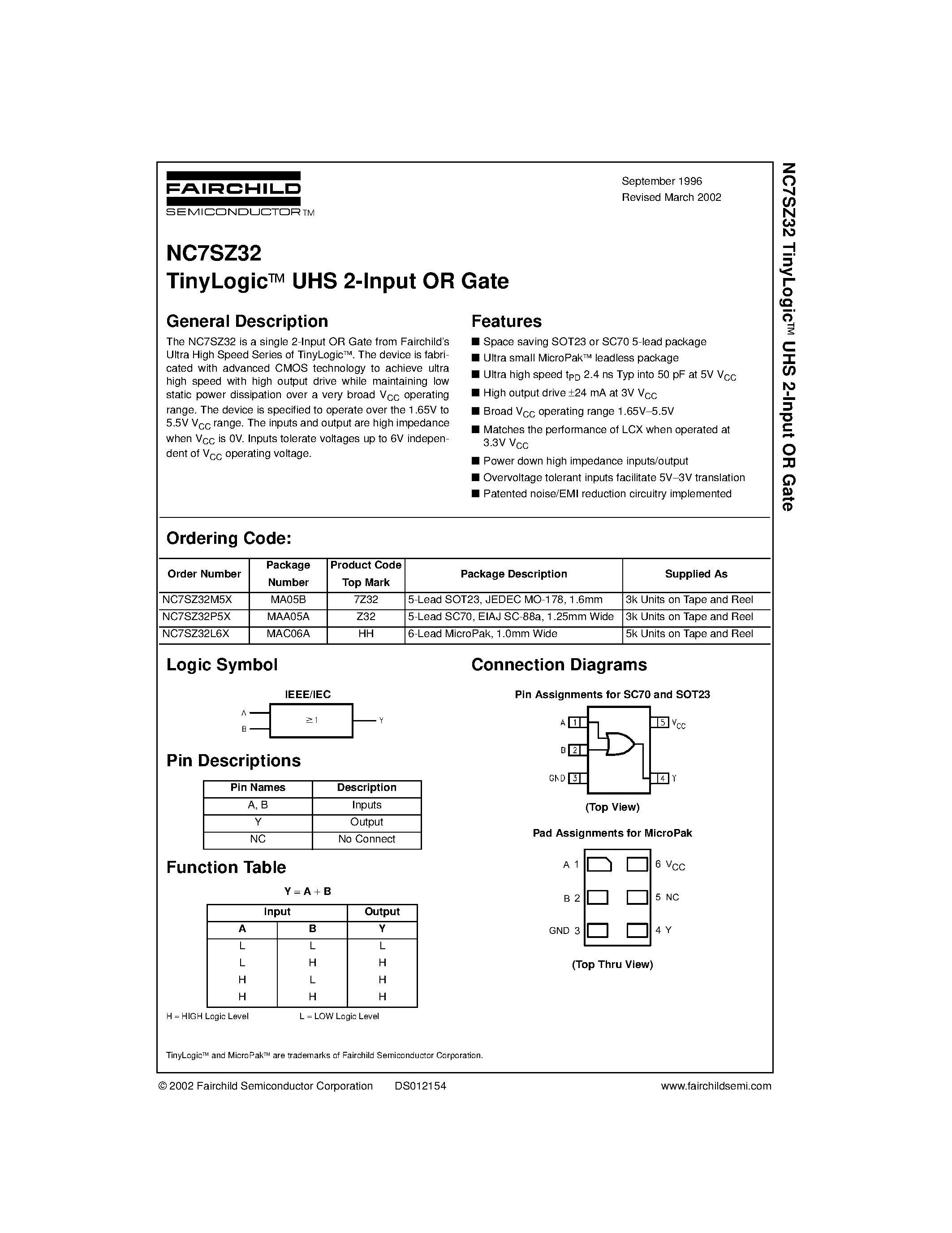 Даташит NC7SZ32 - TinyLogic&#63722; UHS 2-Input OR Gate страница 1