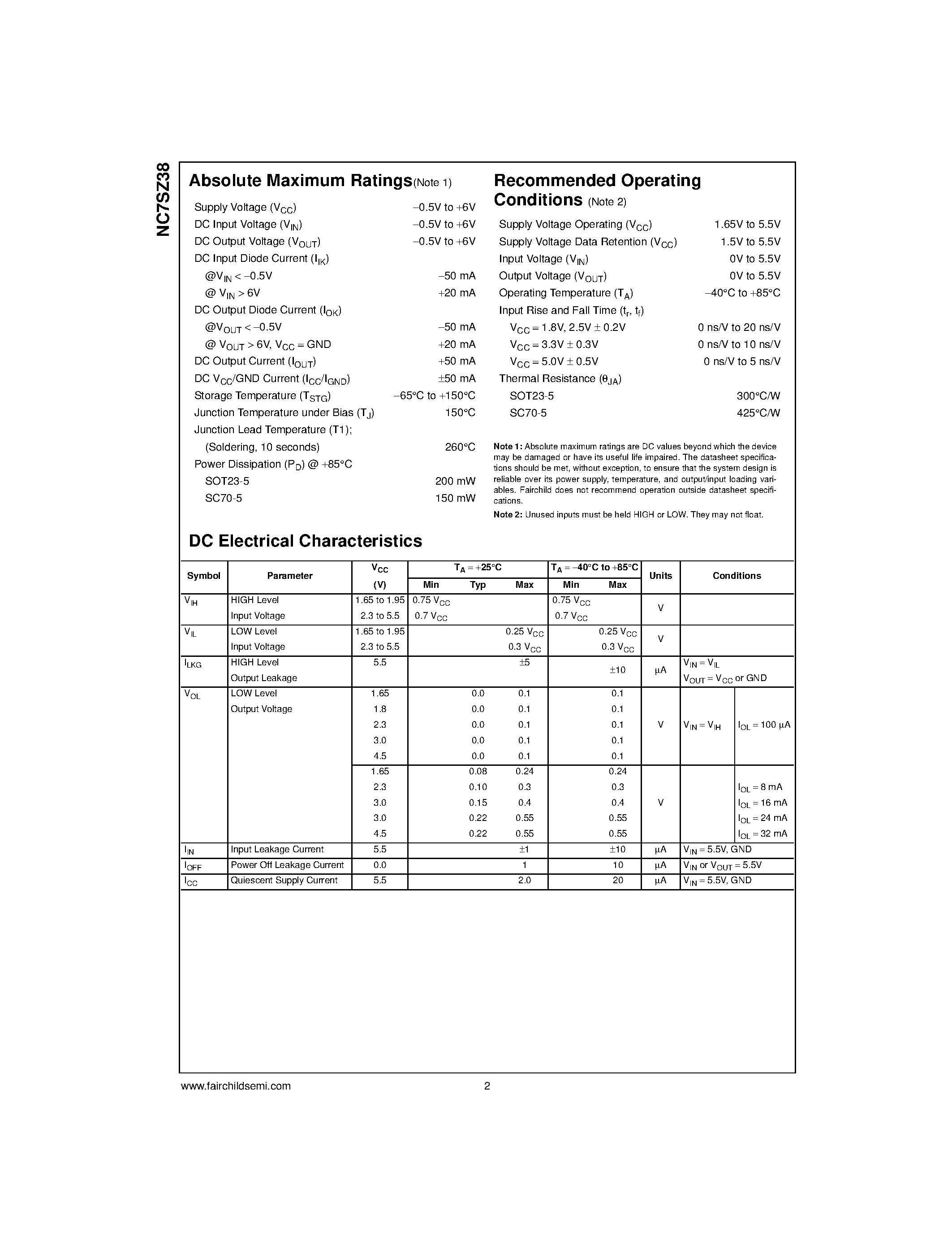 Даташит NC7SZ38 - TinyLogic UHS 2-Input NAND Gate (Open Drain Output) страница 2